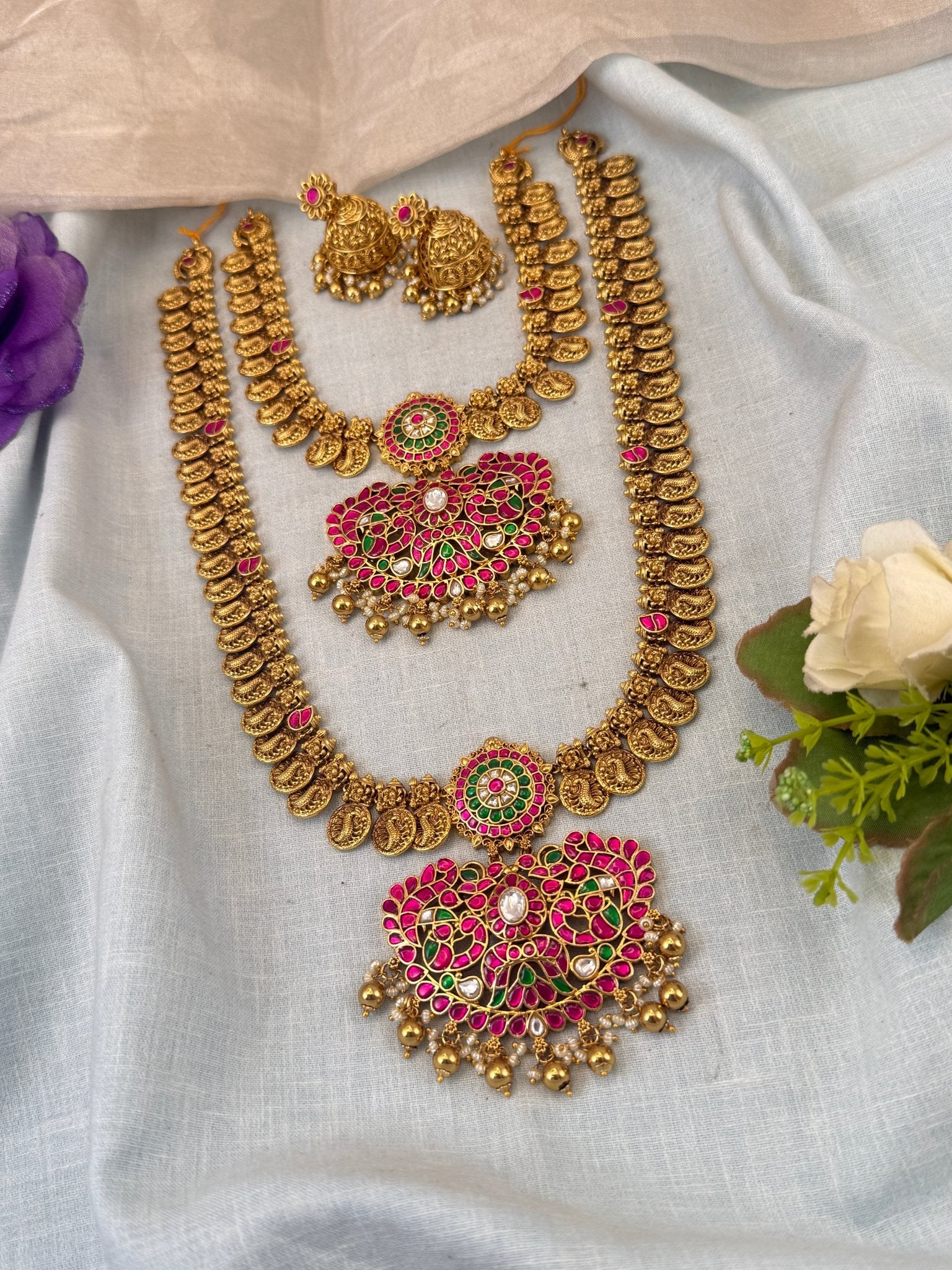 Luxurious Jadau Pendant Kaasu Bridal Necklace Set 0863 - Mahilas