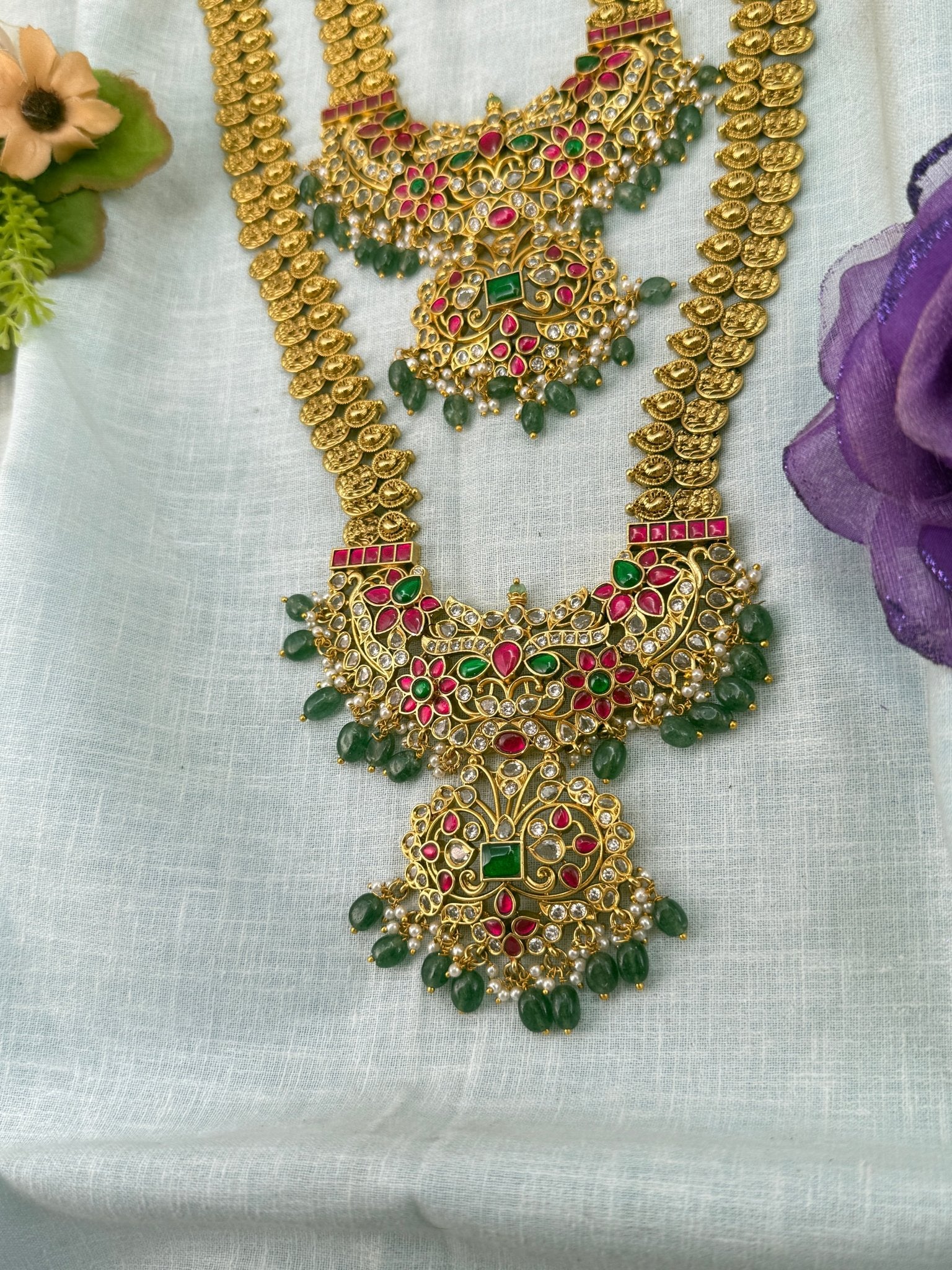 Luxurious Jadau Pendant Kaasu Bridal Necklace Set 0916 - Mahilas