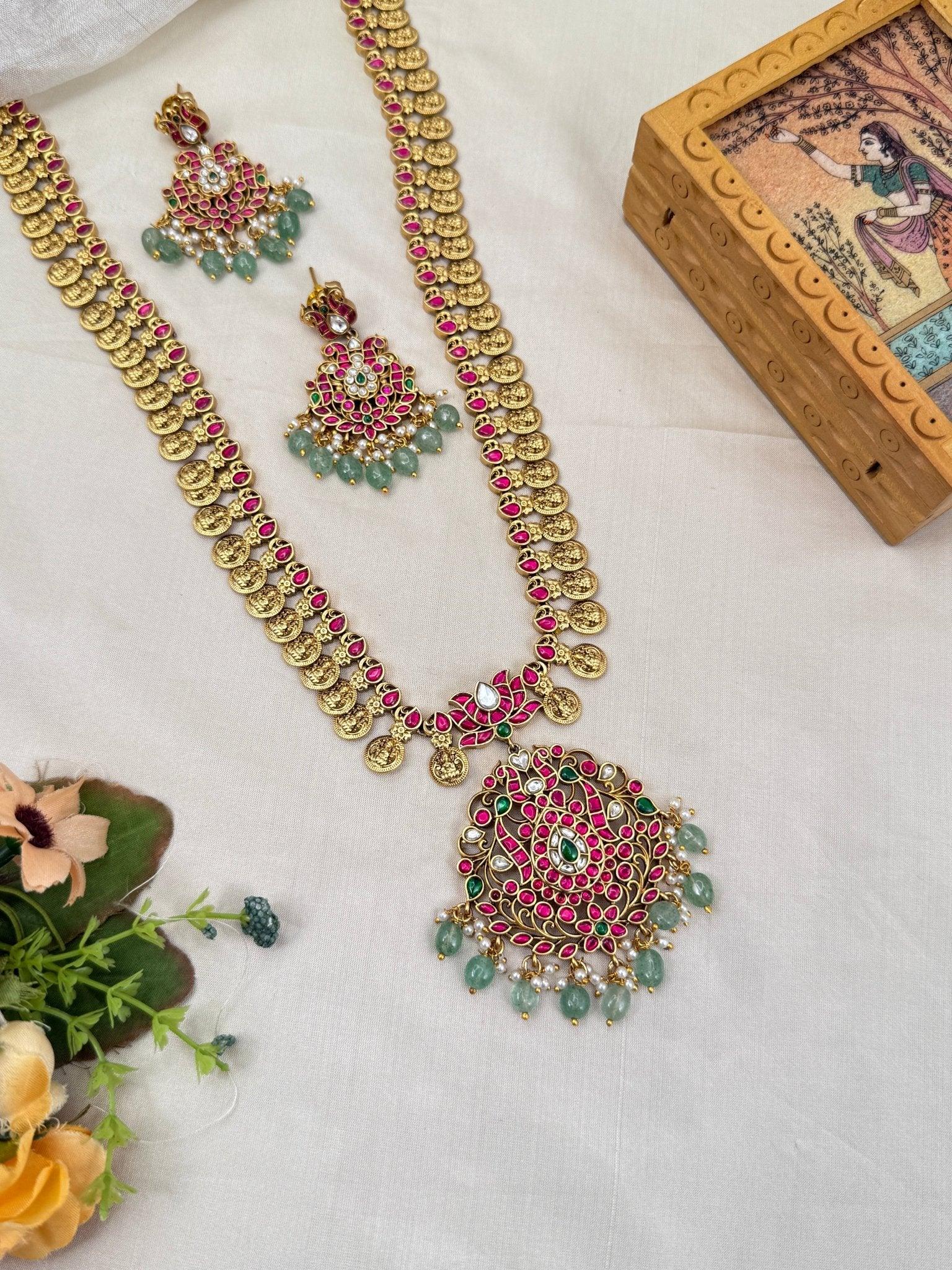 Luxurious Jadau Pendant Kaasu Long Necklace Set 752 - Mahilas