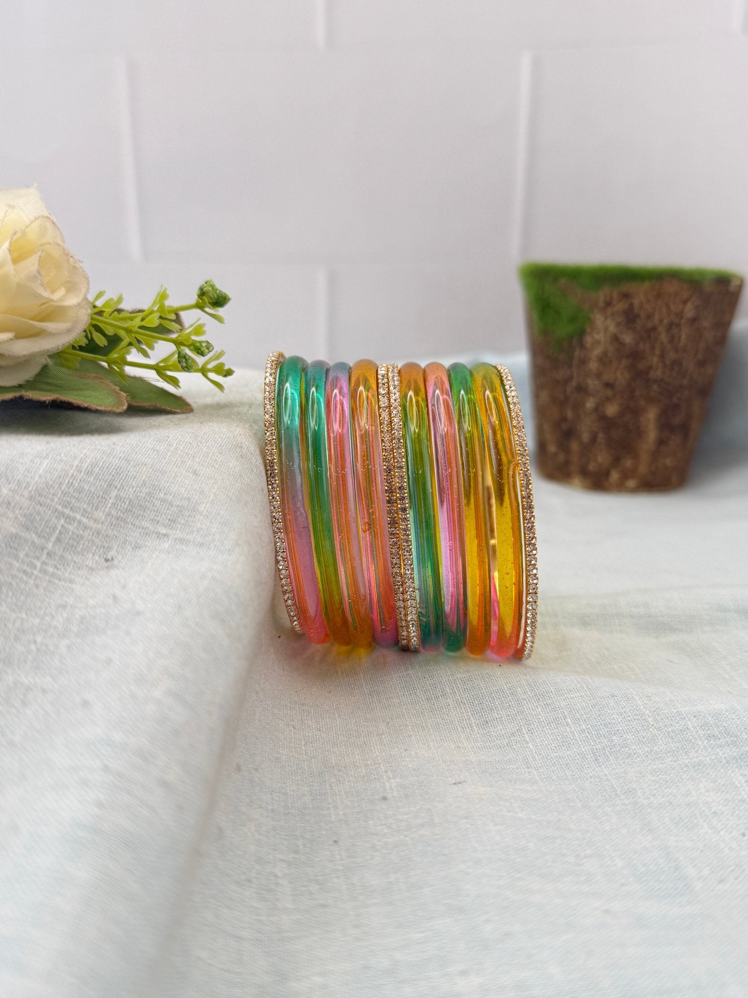 Luxurious Jelly Glass & Stone Bangles Matching Set 5320 - 16 Color Options - Mahilas