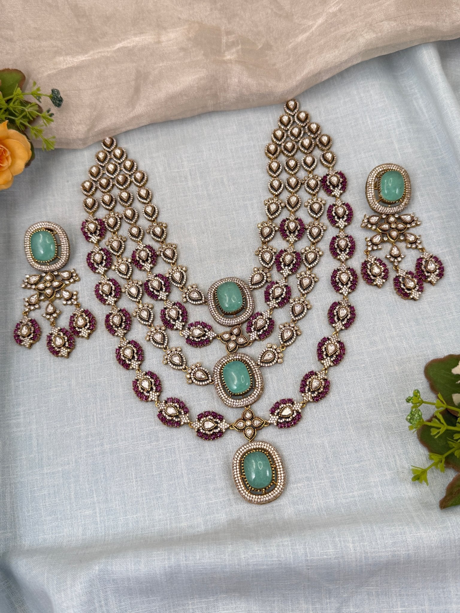 Luxurious Kundan Victorian Mid Long Layer Necklace Set 706 - Mahilas