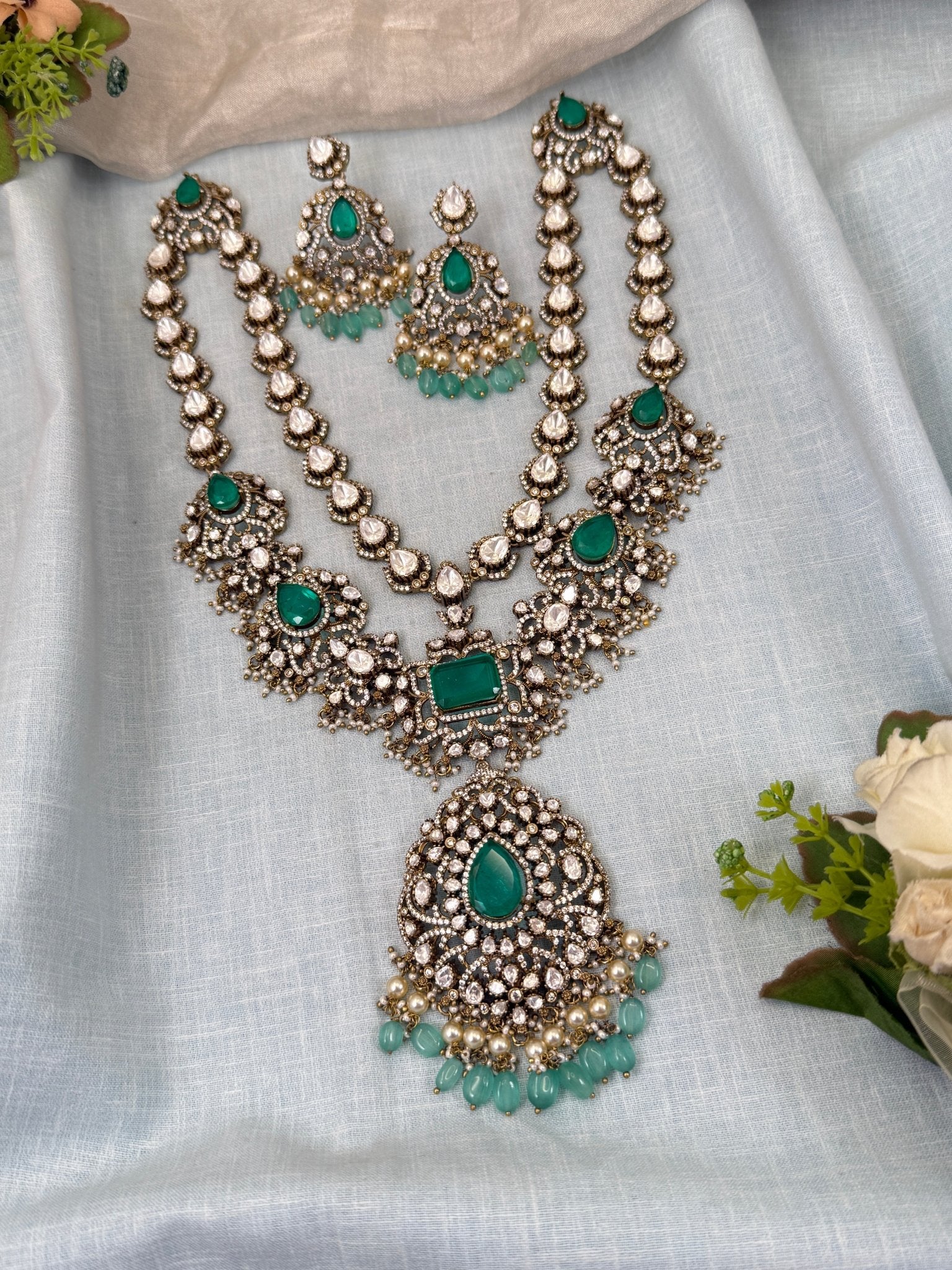 Luxurious Kundan Victorian Mid Long Layer Necklace Set 708 - Mahilas
