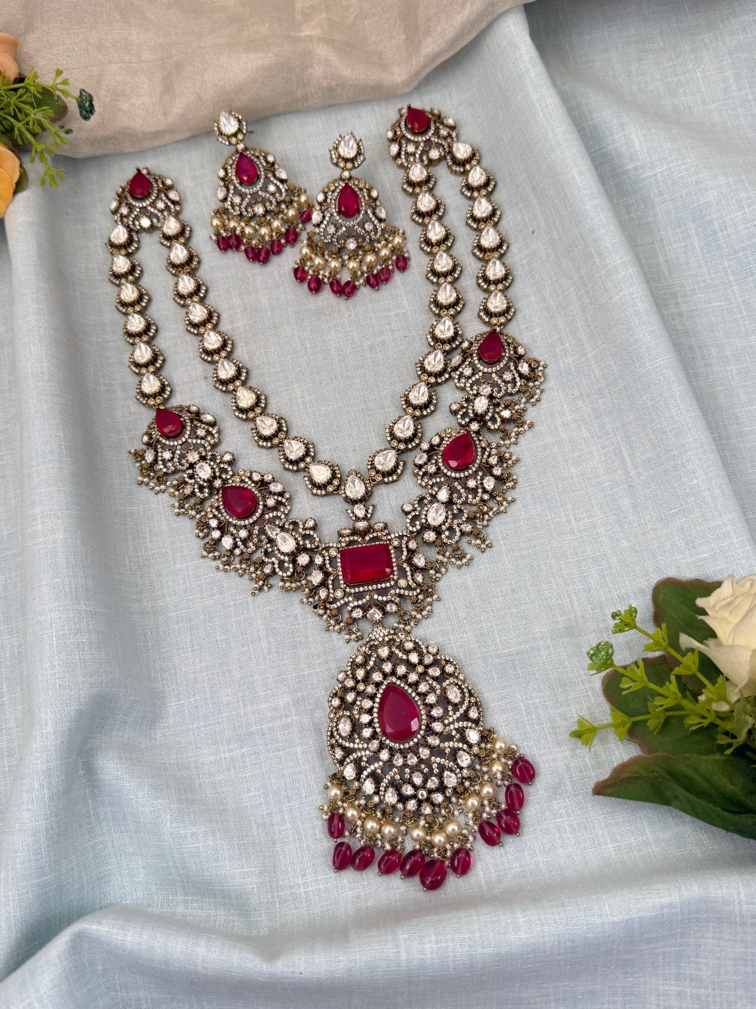 Luxurious Kundan Victorian Mid Long Necklace Set 705 - Mahilas