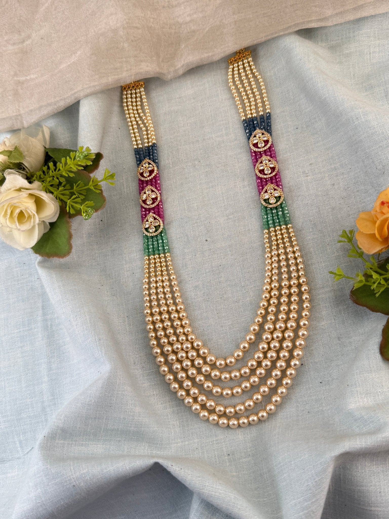 Luxurious Layer Pearl Stone Long Necklace Set 846 - Mahilas