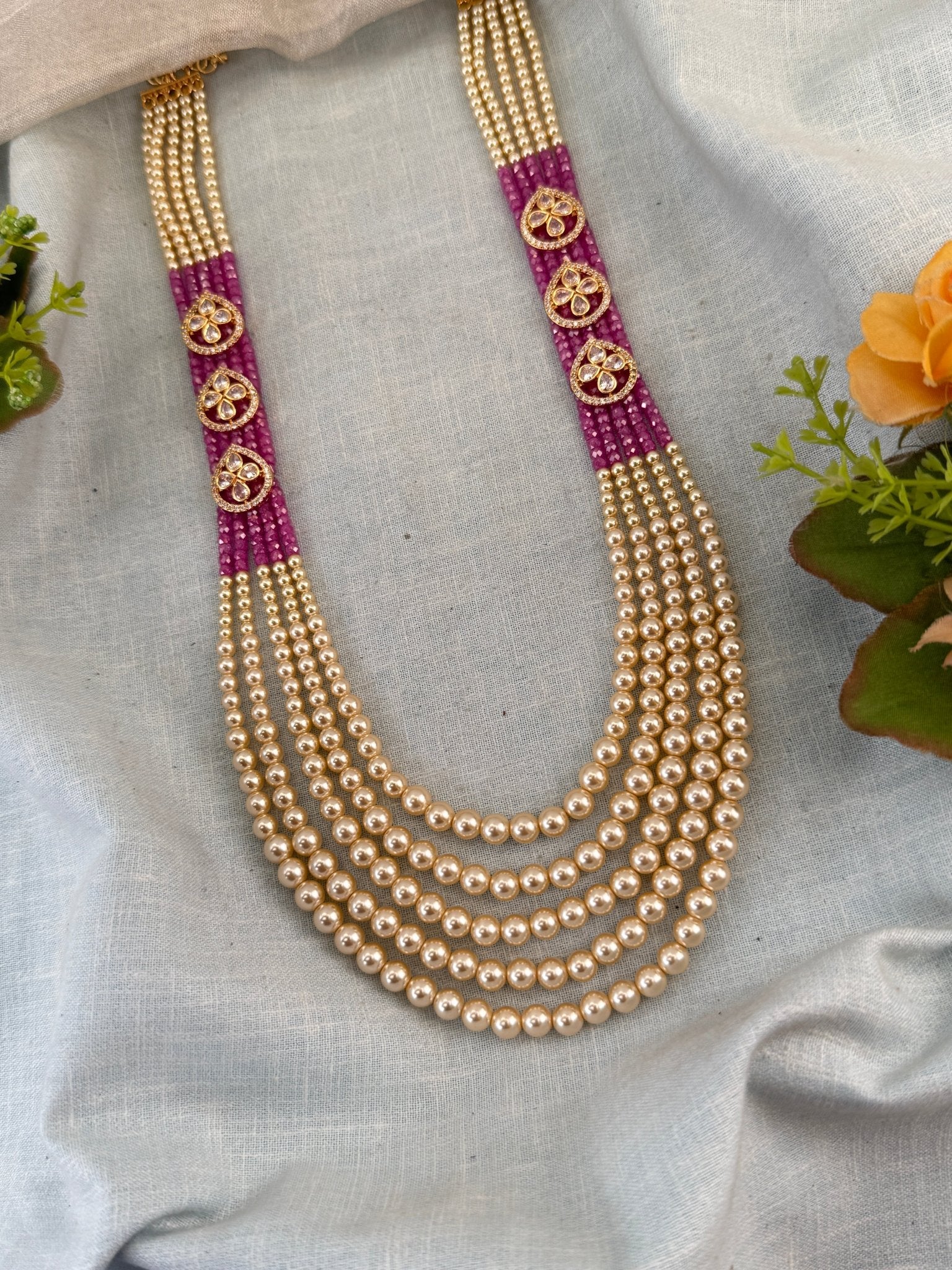Luxurious Layer Pearl Stone Long Necklace Set 847 - Mahilas