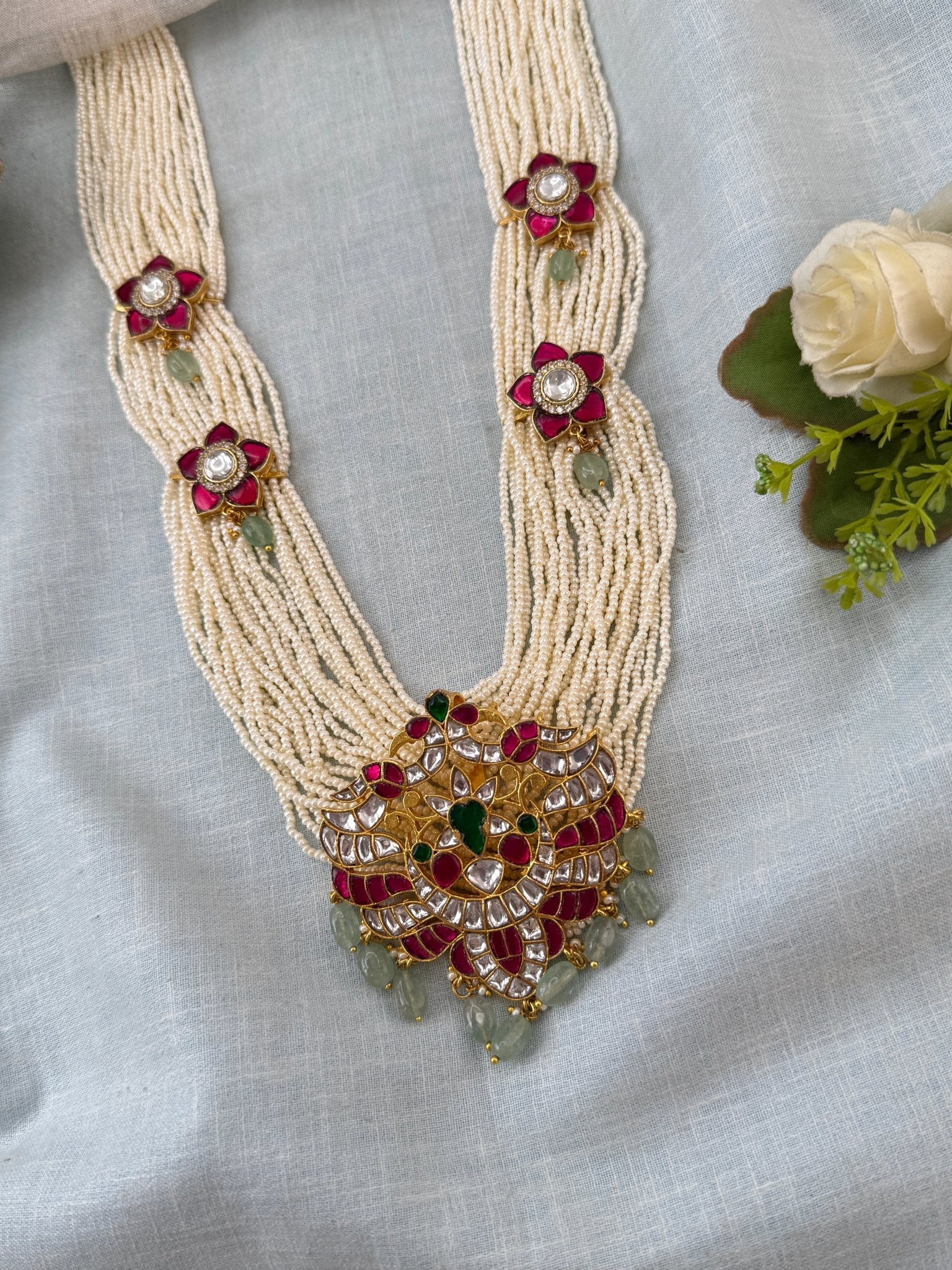 Luxurious Layered Beads Gandaberunda Pendant Long Necklace Set 0982 - Mahilas