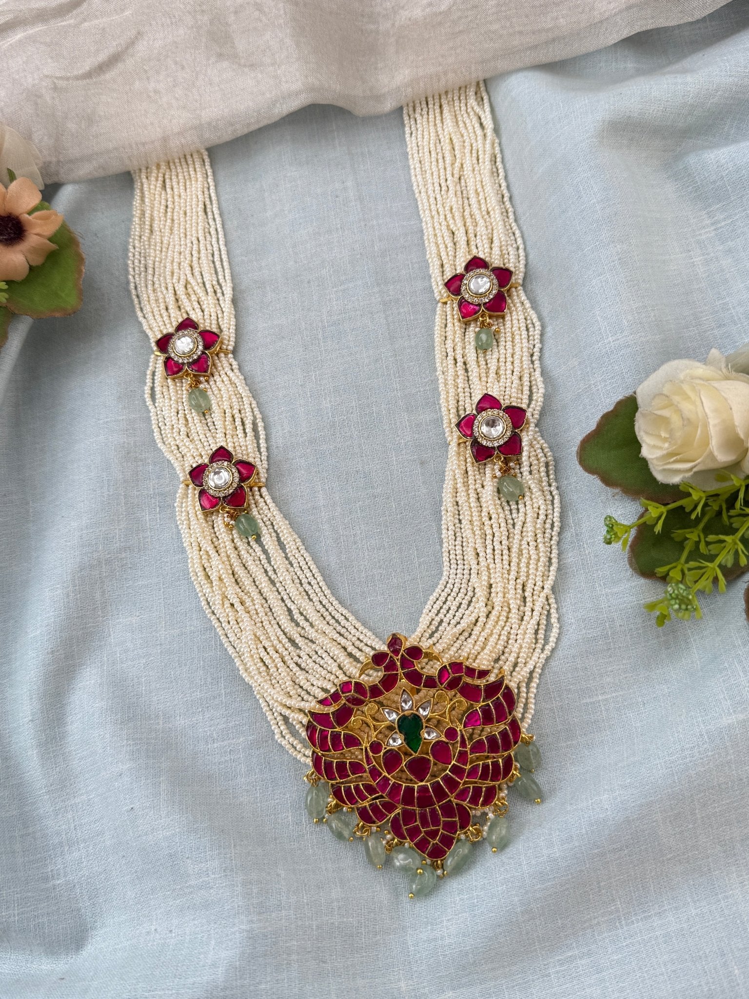 Luxurious Layered Beads Gandaberunda Pendant Long Necklace Set 0983 - Mahilas