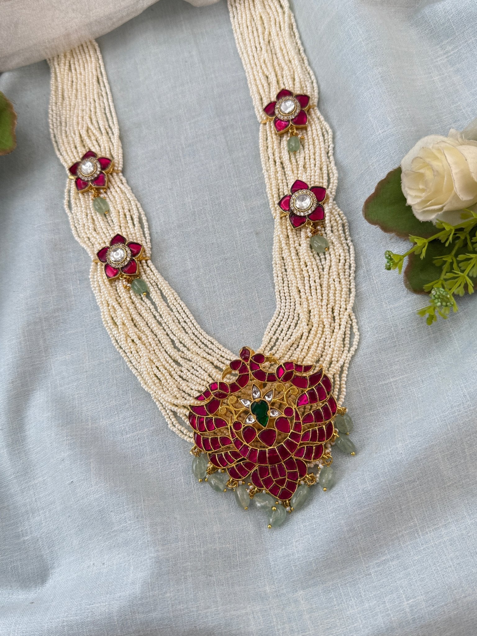 Luxurious Layered Beads Gandaberunda Pendant Long Necklace Set 0983 - Mahilas