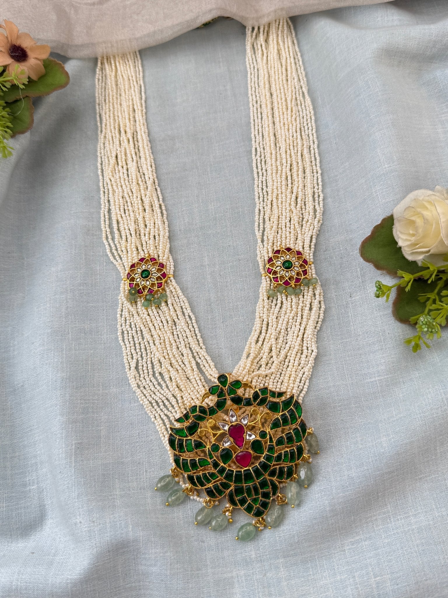 Luxurious Layered Beads Gandaberunda Pendant Long Necklace Set 0984 - Mahilas
