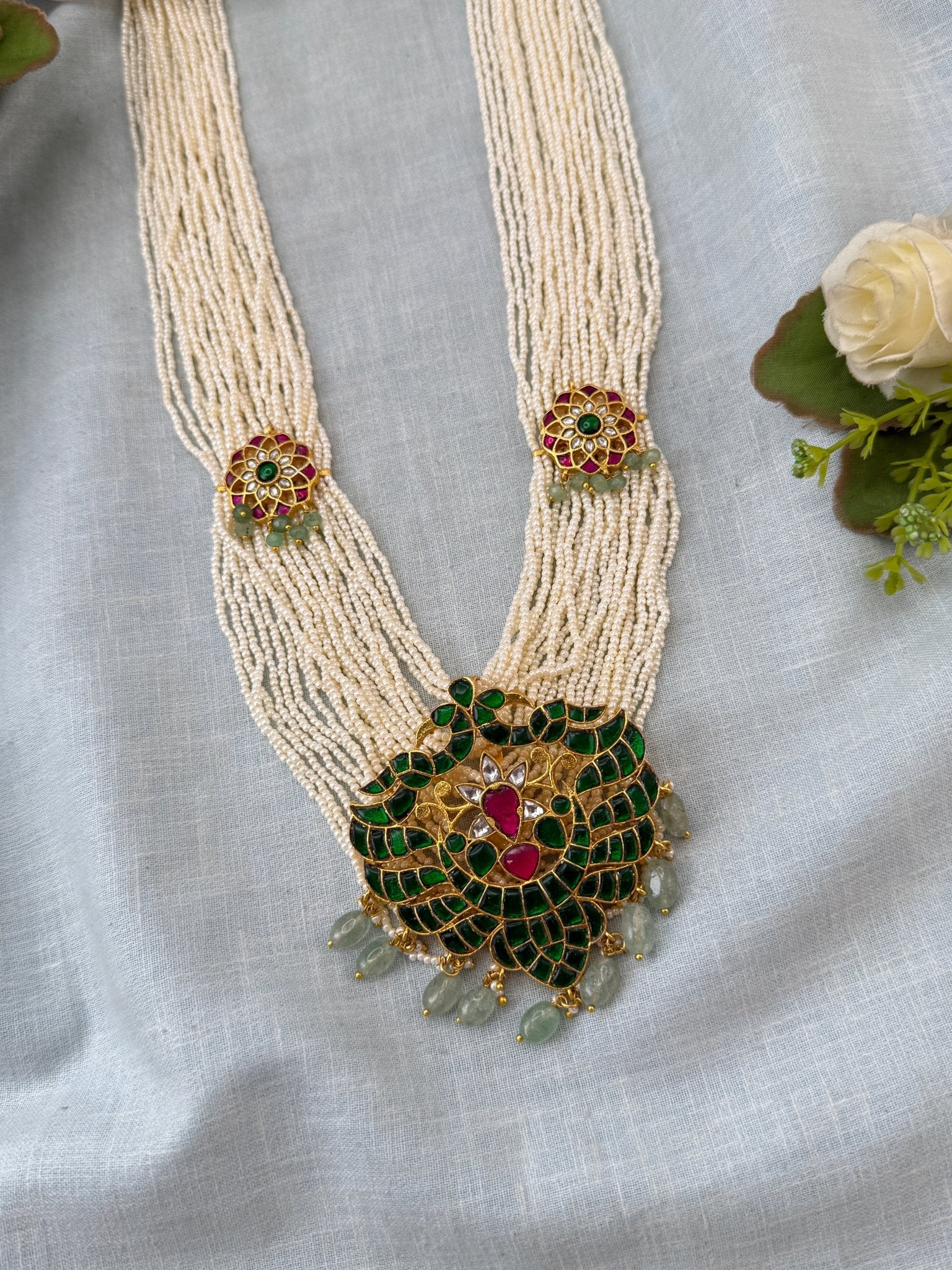 Luxurious Layered Beads Gandaberunda Pendant Long Necklace Set 0984 - Mahilas