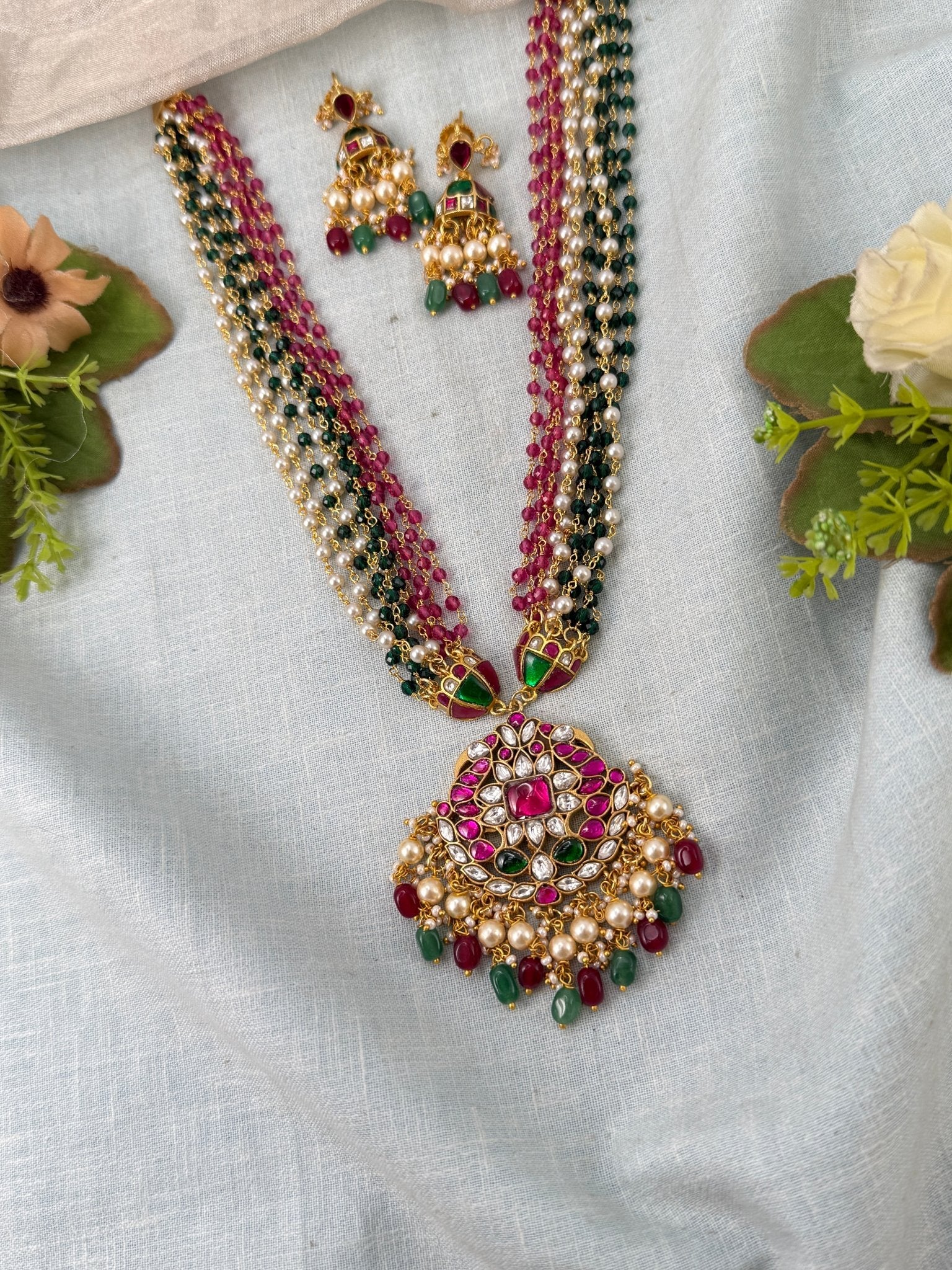 Luxurious Layered Beads Pendant Mid Long Necklace Set 0987 - Mahilas