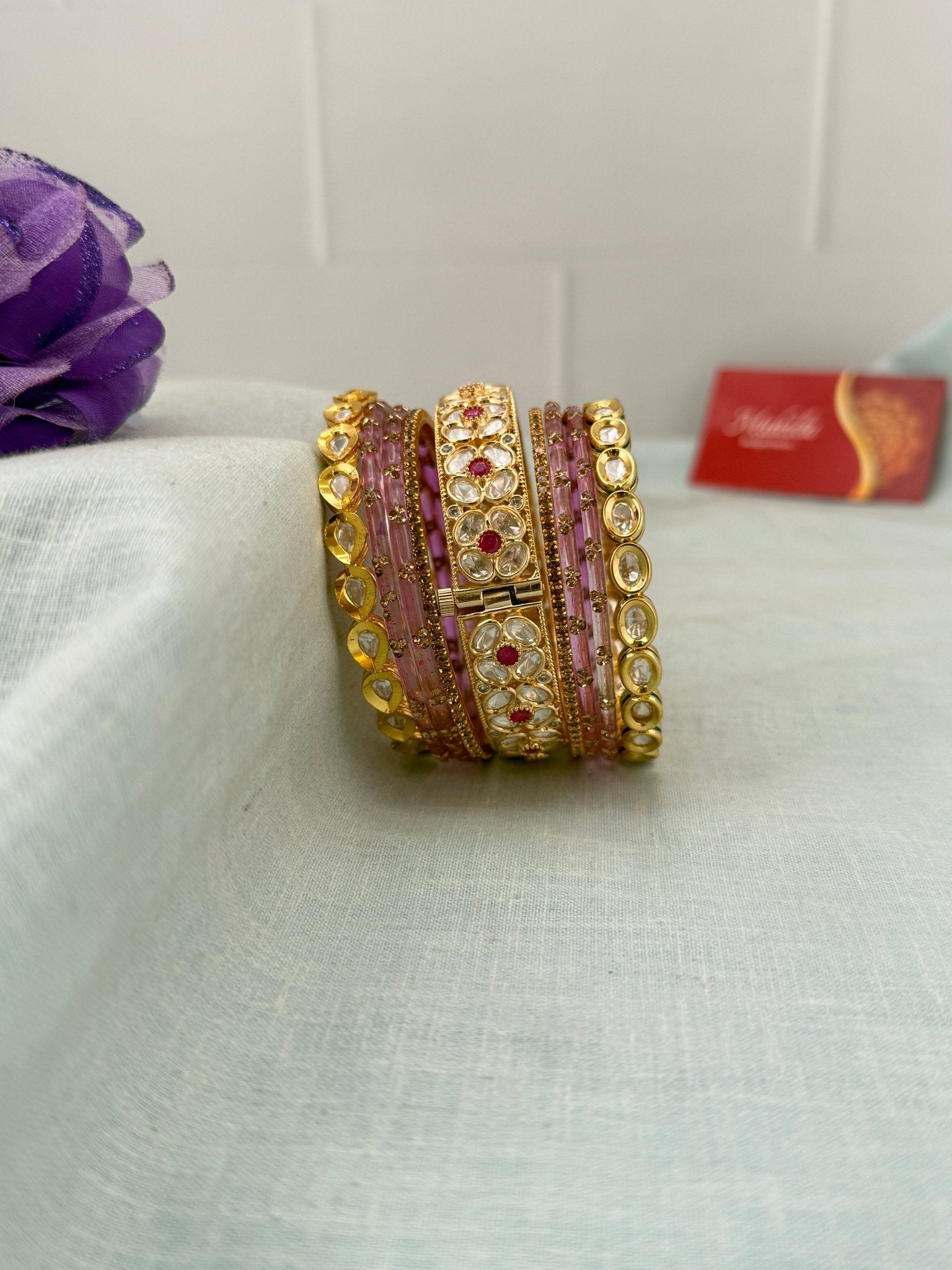 Luxurious Light Lavender Glass With Kundan Bangle Set - 5300 - Mahilas