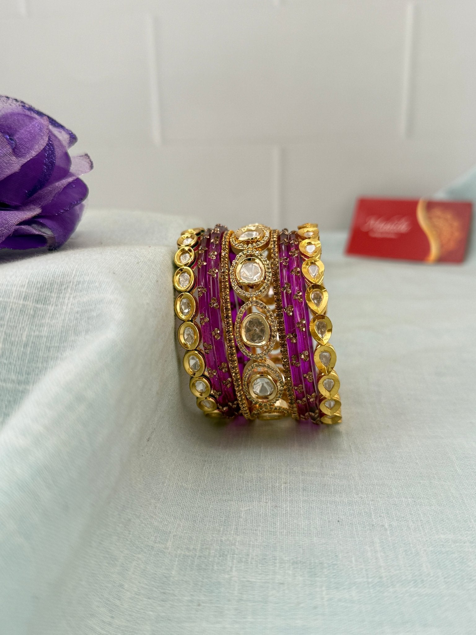 Luxurious Majenta Glass With Kundan Bangle Set - 5303 - Mahilas