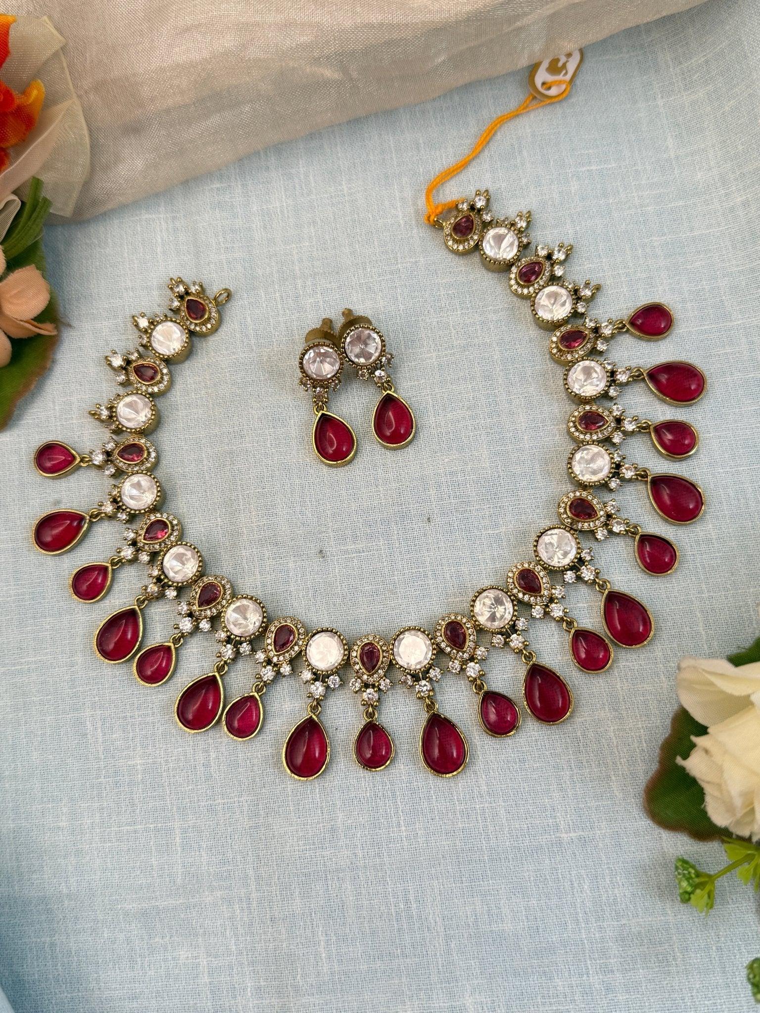 Luxurious Mozzonite Stone Short Necklace Set 692 - Mahilas