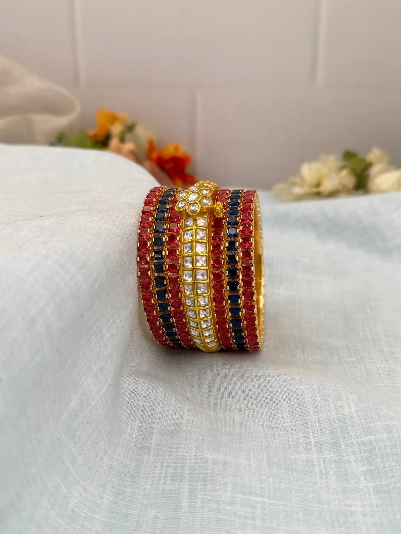 Luxurious Navy and Ruby Red with White Jadau Kundan Bangle Set - 5229 - Mahilas