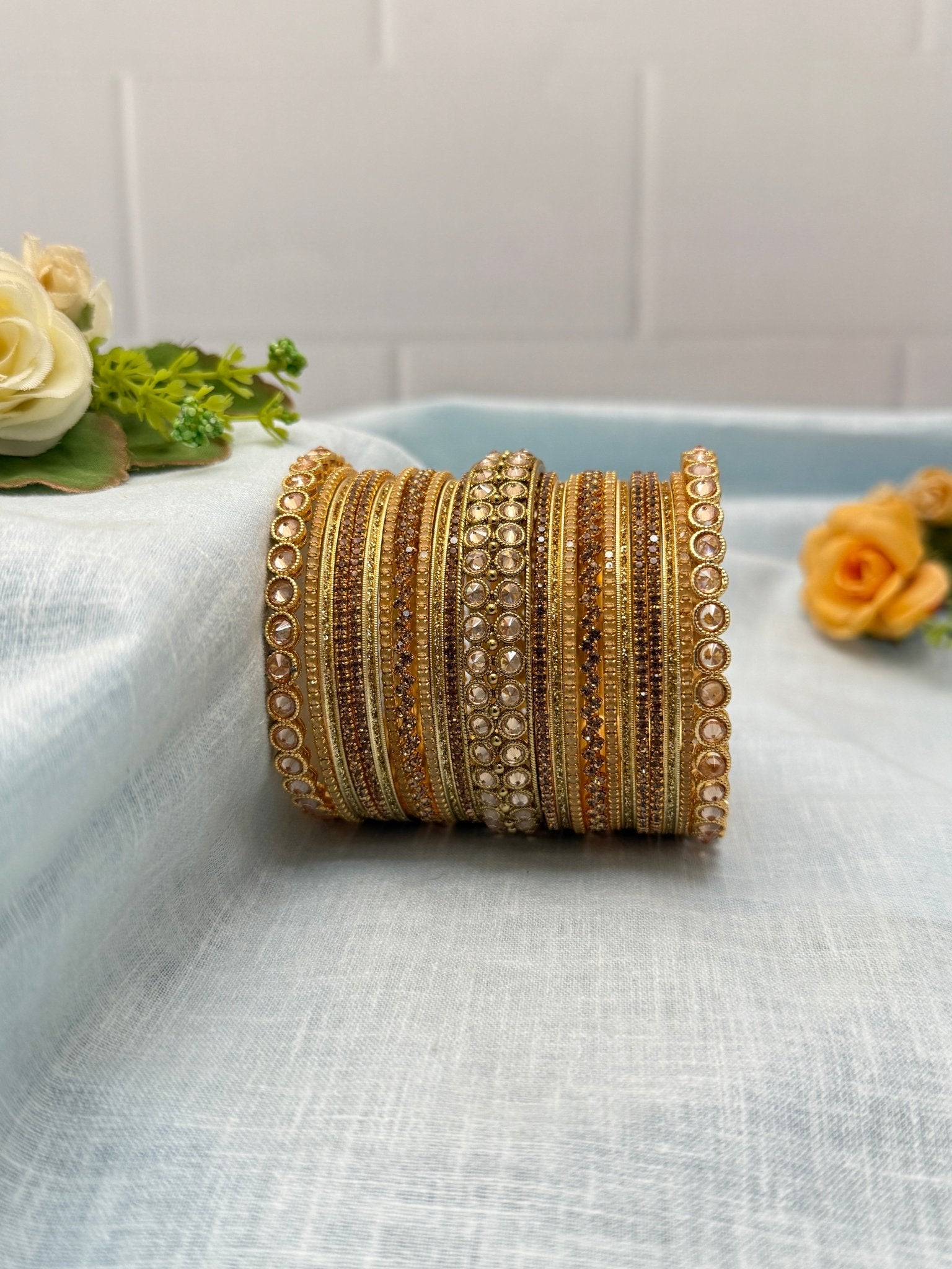 Luxurious Peach Polki & Gold Stone Bridal Bangle Set - 5175 - Mahilas