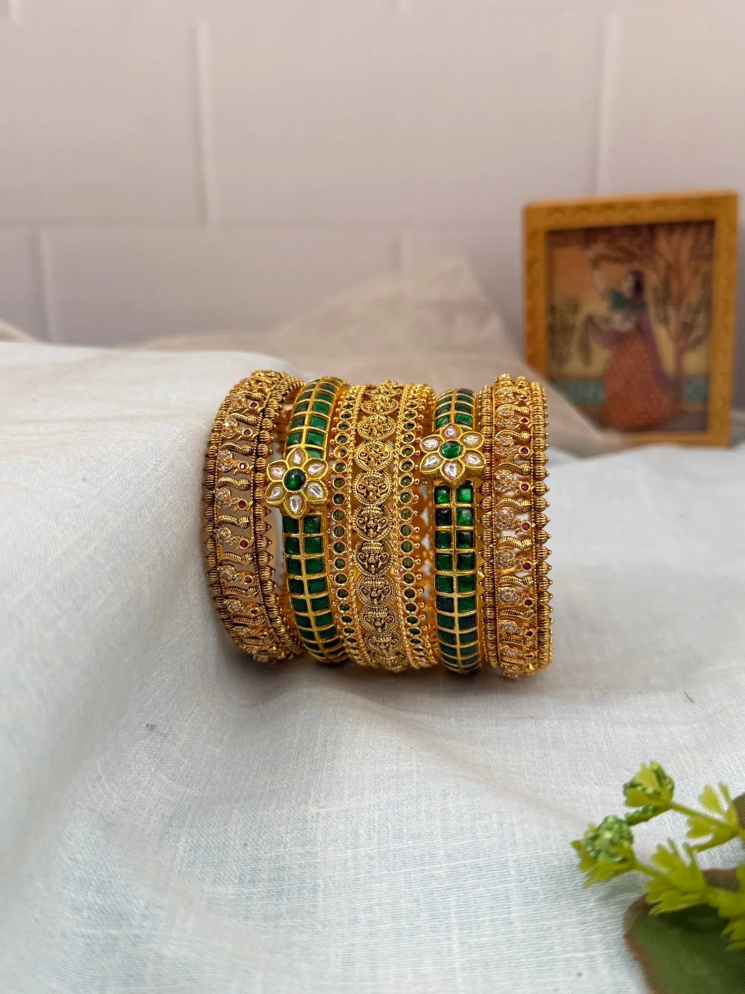 Luxurious Peacock Antique & Jadau Green Bangle Set - 5225 - Mahilas