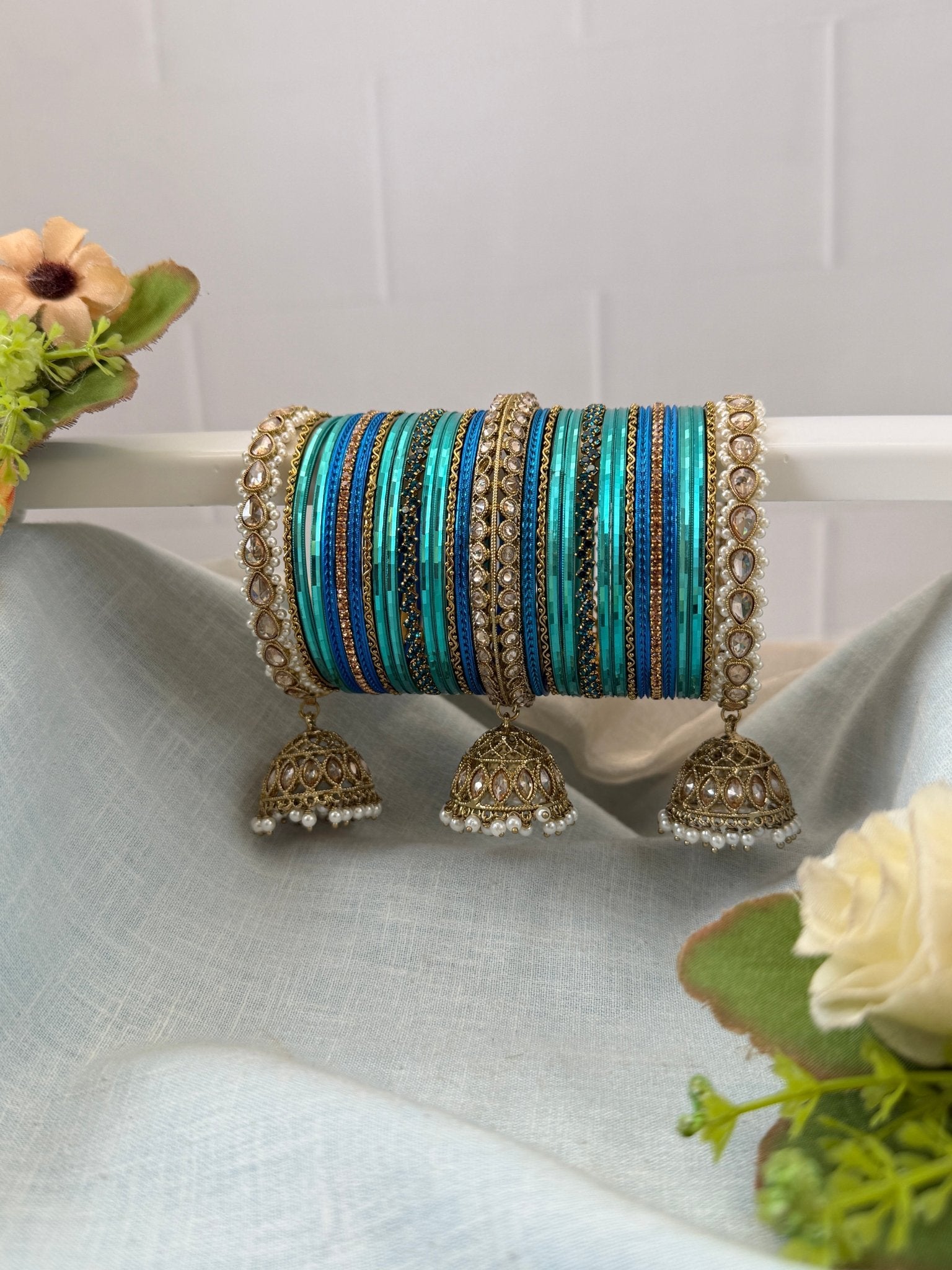 Luxurious Peacock Blue Polki and Stone Bridal Bangle Set - 5324 - Mahilas