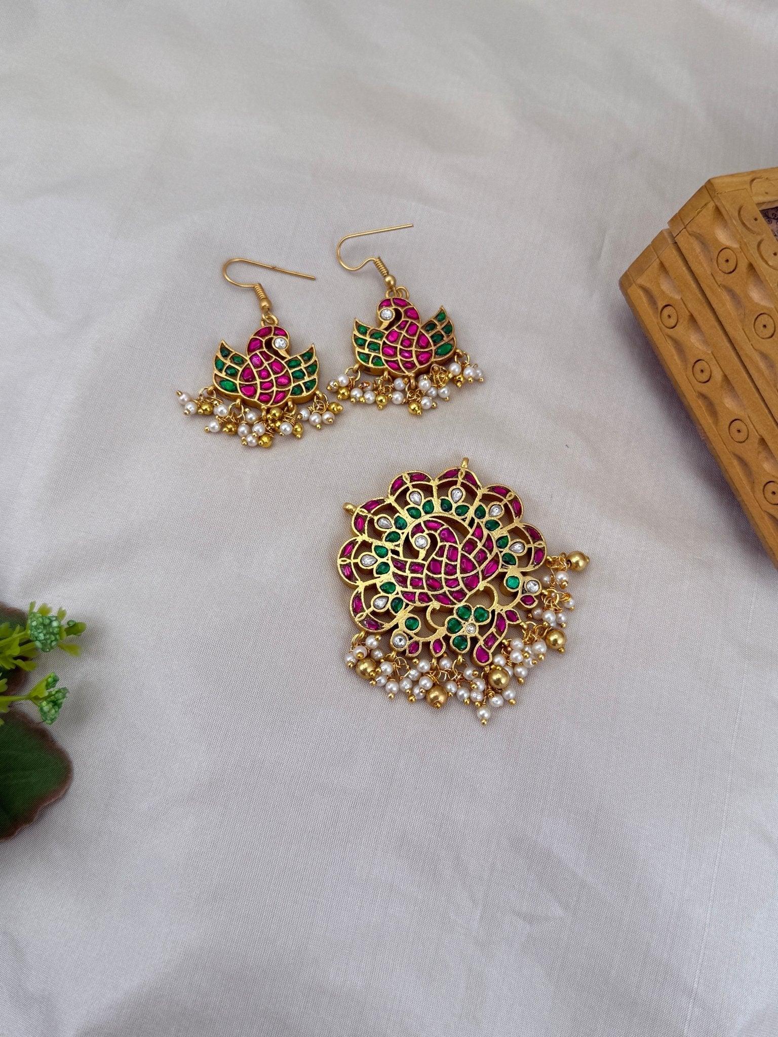 Luxurious Peacock Jadau Kundan Reversible Pendant With Earrings 154 - 6 cm - Mahilas