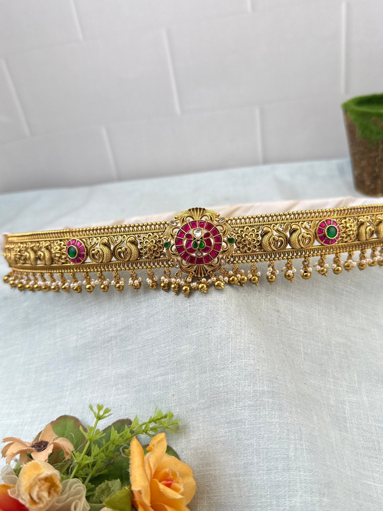 Luxurious Peacock Jadau Pendant Antique Belt Vaddanam 8093 - Mahilas