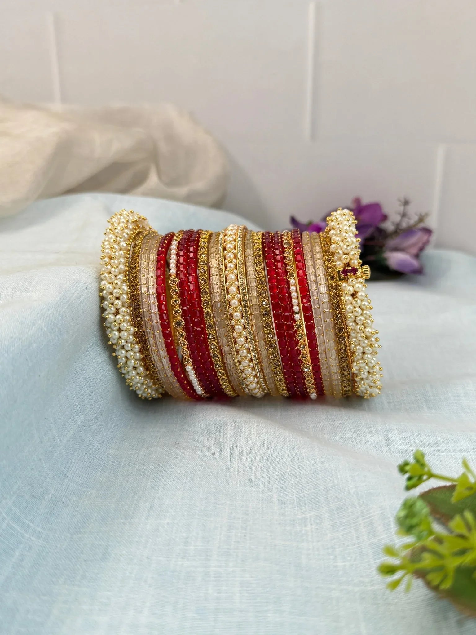 Luxurious Pearl and Glass Bridal Bangle Set 5234 - Mahilas