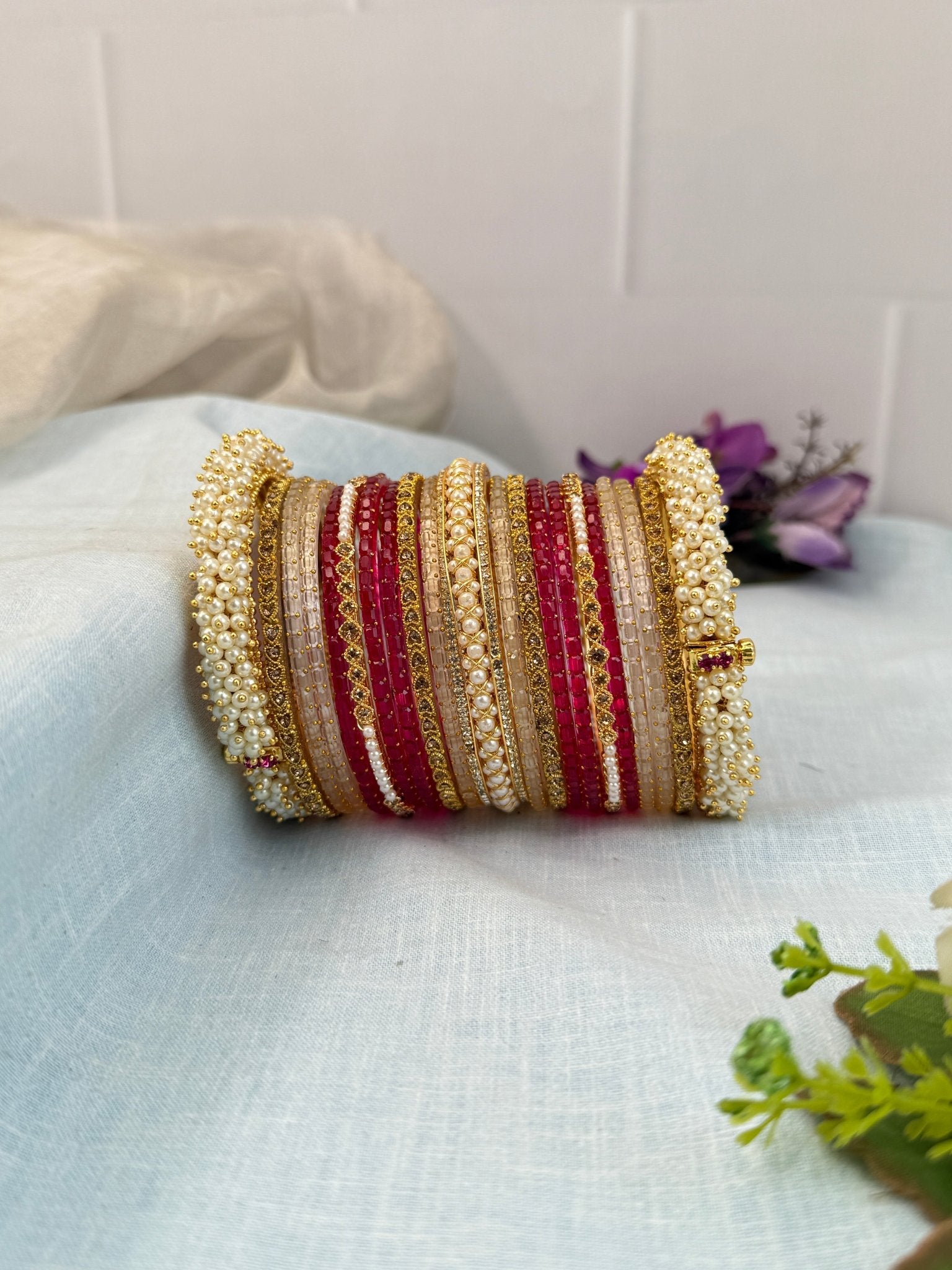 Luxurious Pearl and Glass Bridal Bangle Set 5234 - Mahilas