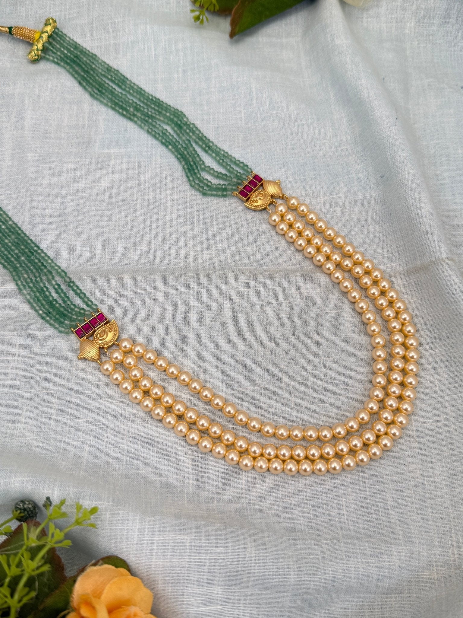 Luxurious Pearl and Mint Green Beads Long Layer Necklace Set 0308 - Mahilas