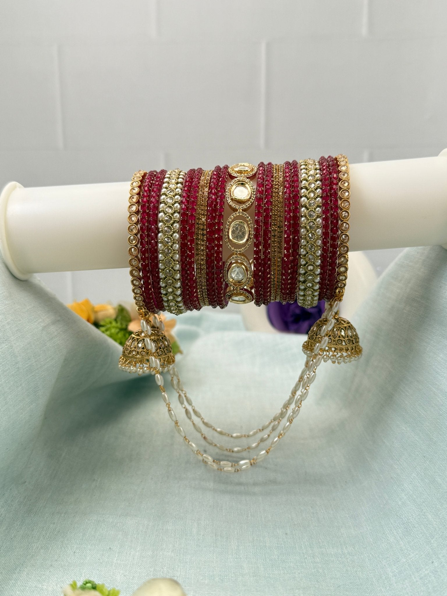 Luxurious Pink Glass and Kundan Bridal Bangle Set 5277 - Mahilas