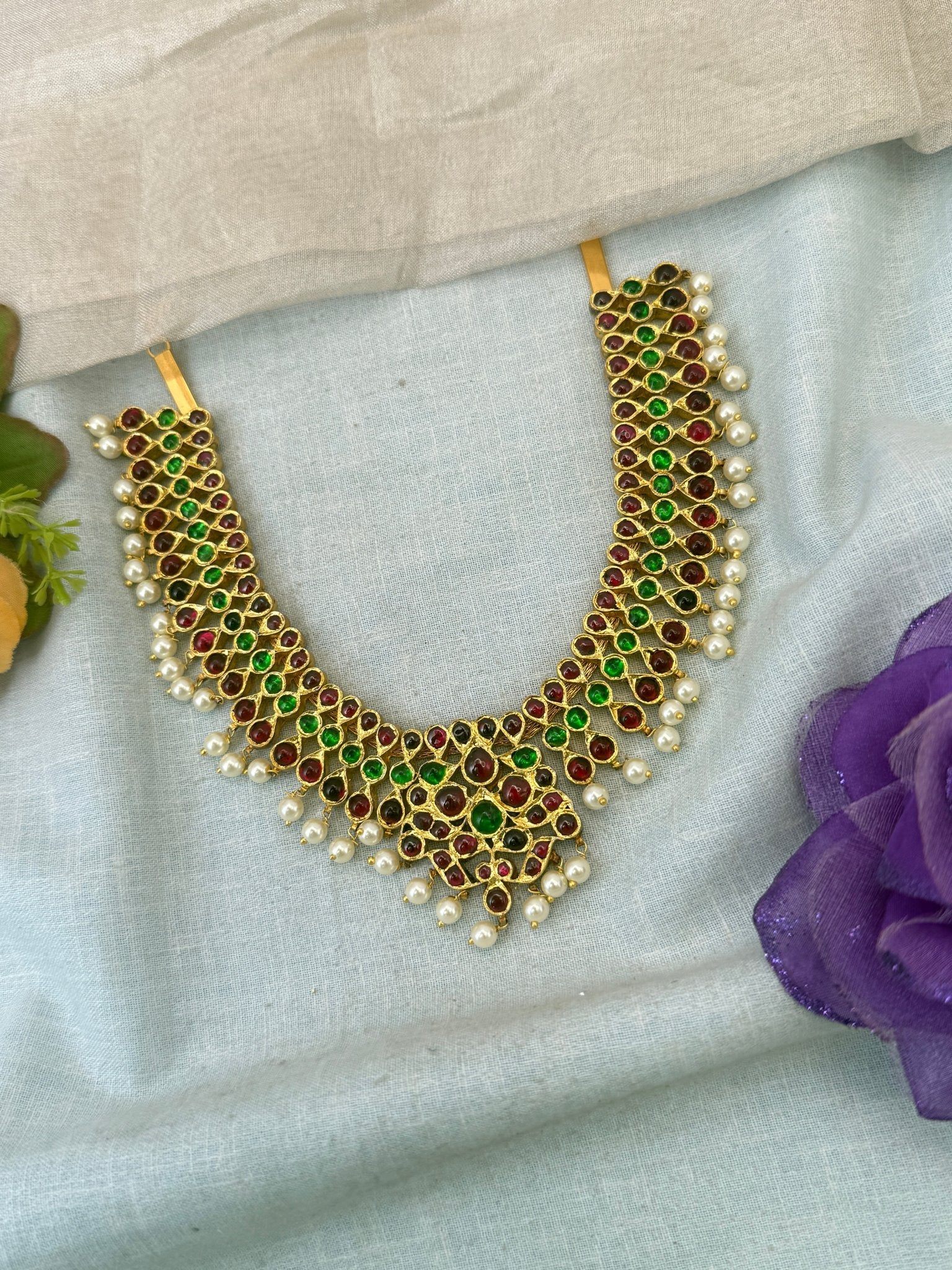 Luxurious Pure Silver Temple Short Necklace Set 107 - Mahilas