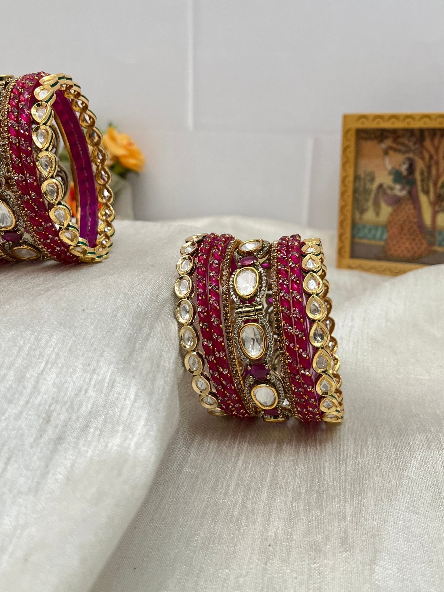Luxurious Rani Pink Glass With Kundan Bangle Set 5164