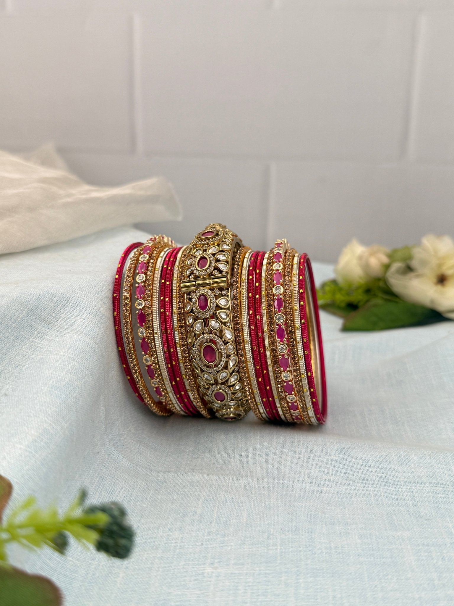 Luxurious Rani Pink & Gold Kundan Bangle Set - 5215 - Mahilas