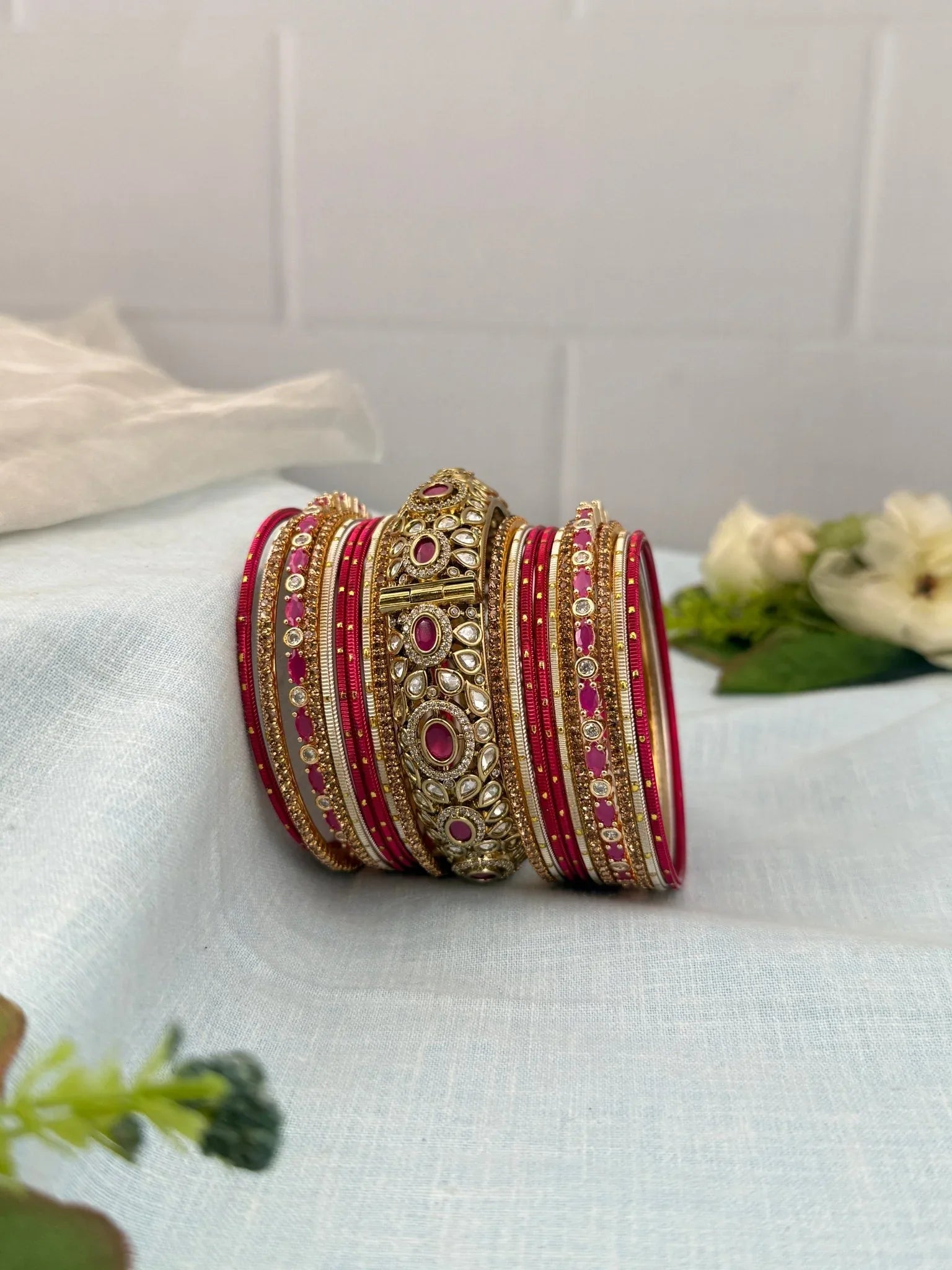 Luxurious Rani Pink & Gold Kundan Bangle Set - 5215 - Mahilas