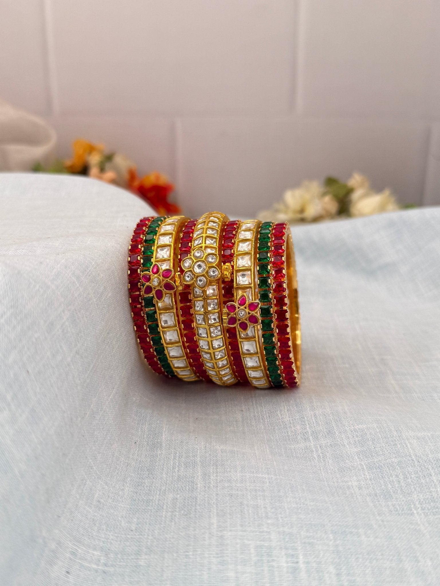 Luxurious Red and Green Stone with 3 White Jadau Kundan Bangle Set - 5230 - Mahilas