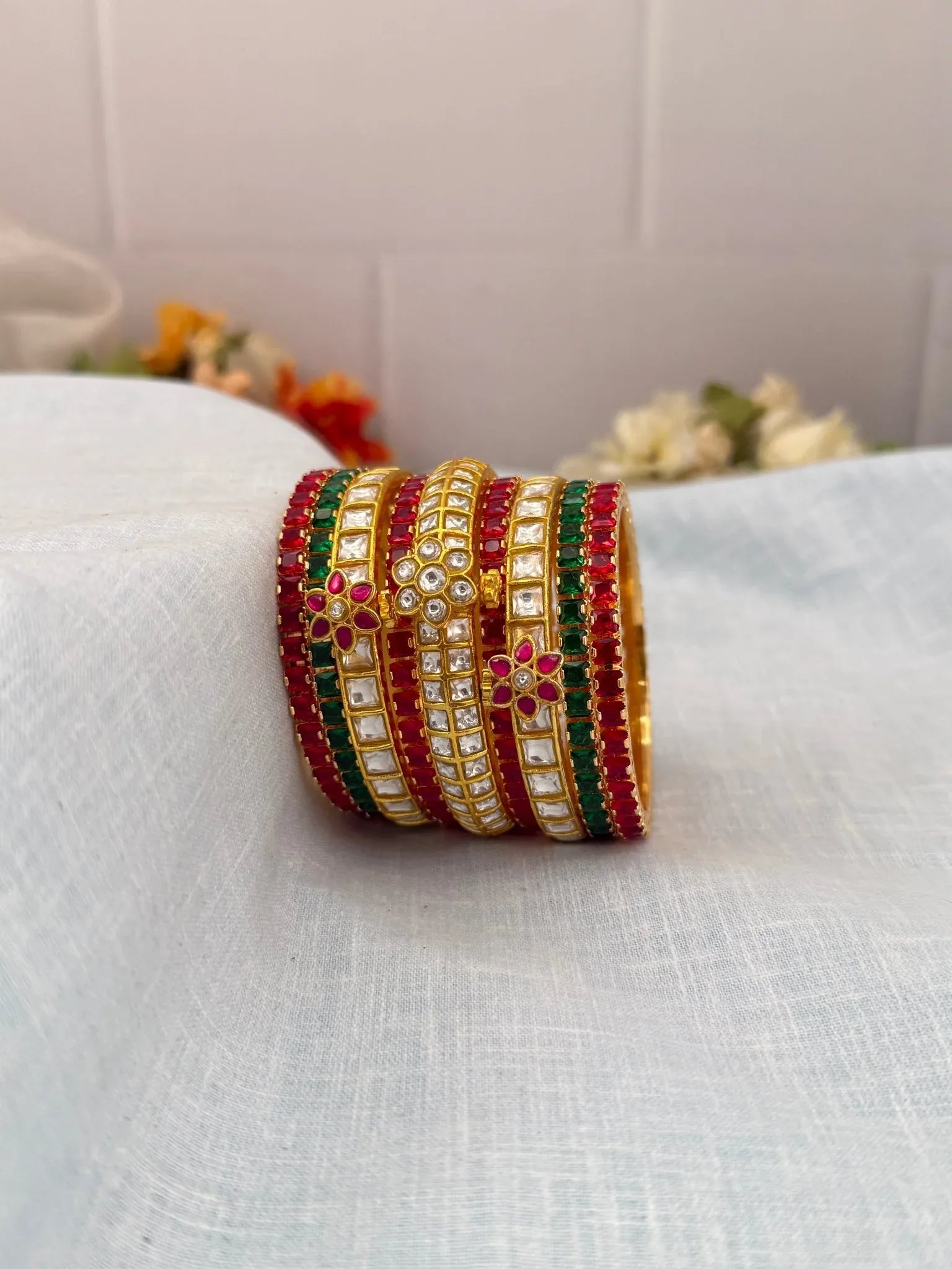 Luxurious Red and Green Stone with 3 White Jadau Kundan Bangle Set - 5230 - Mahilas