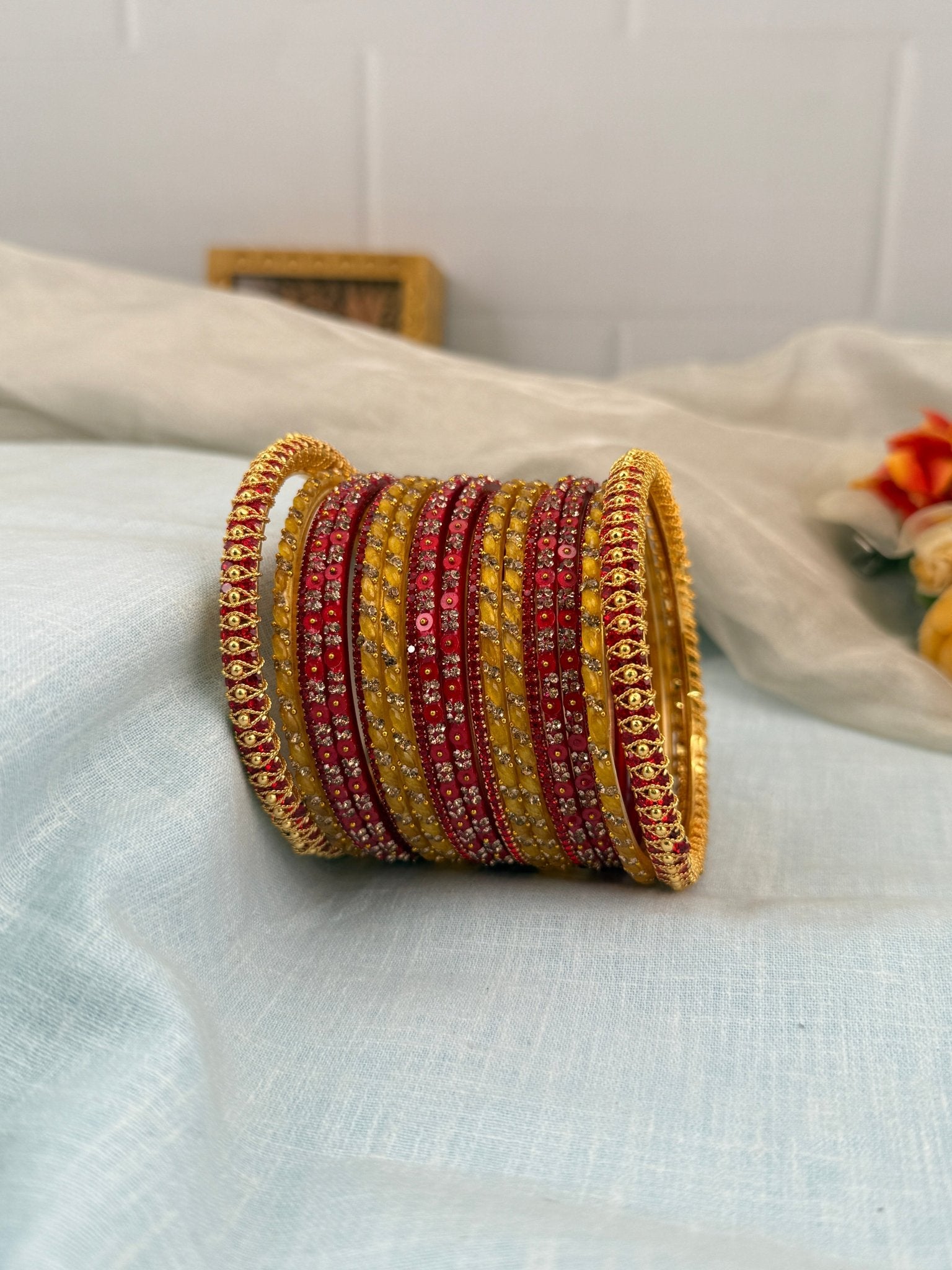 Luxurious Red & Yellow Glass and Stone Bangle Set 5207 - Mahilas