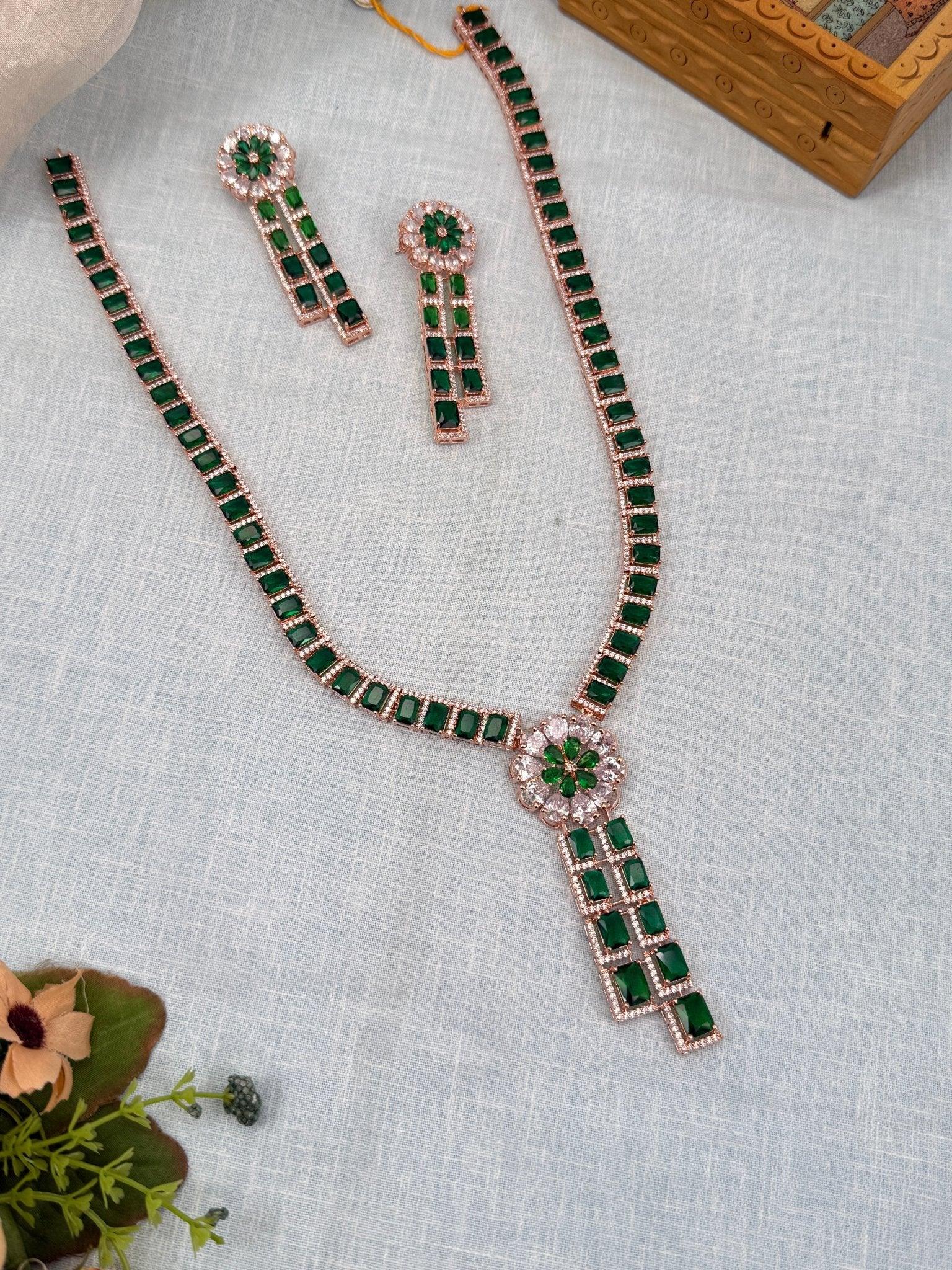Luxurious Rose Gold Green Mid Long Necklace Set 457 - Mahilas