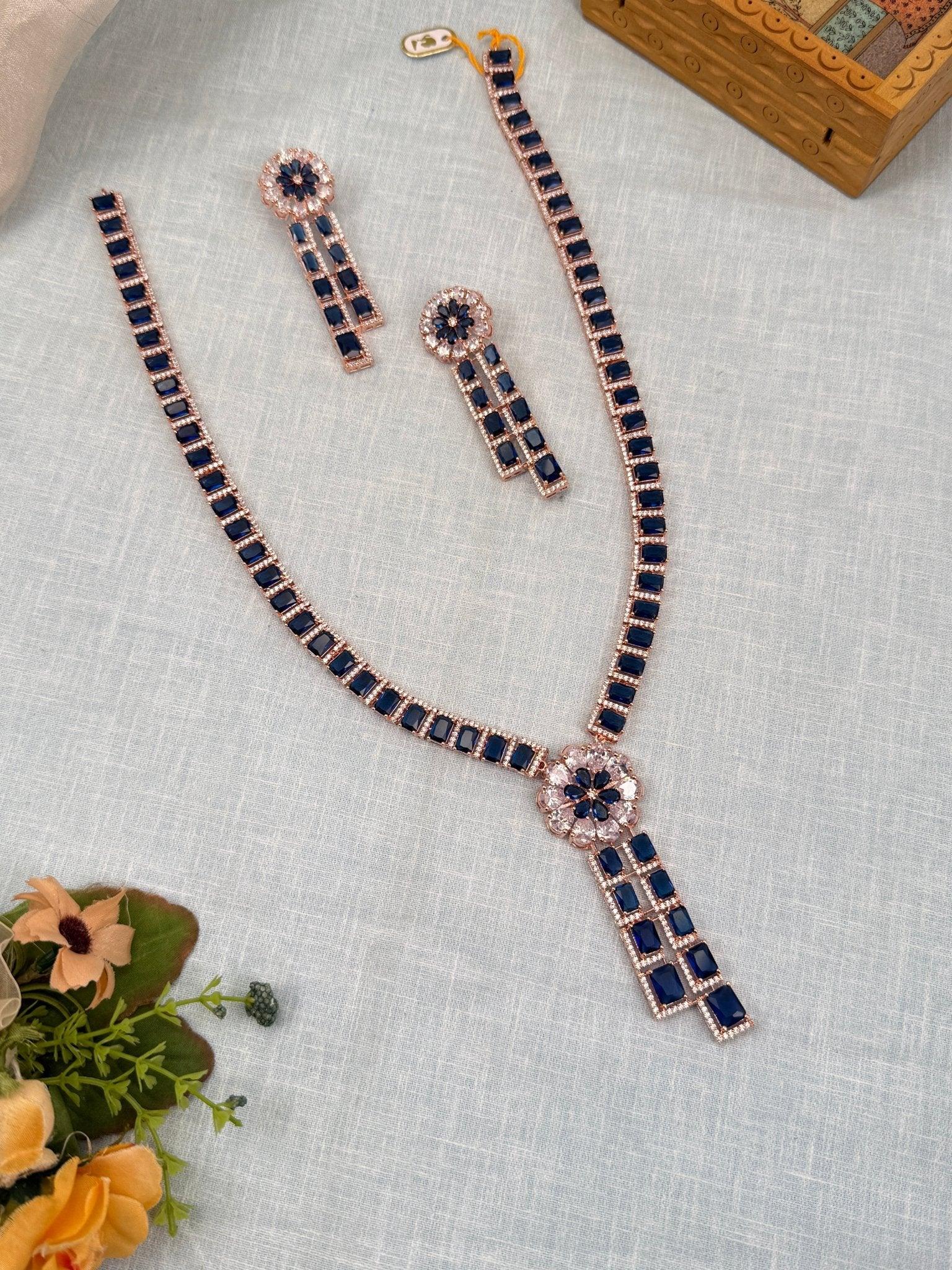 Luxurious Rose Gold Navy Mid Long Necklace Set 455 - Mahilas