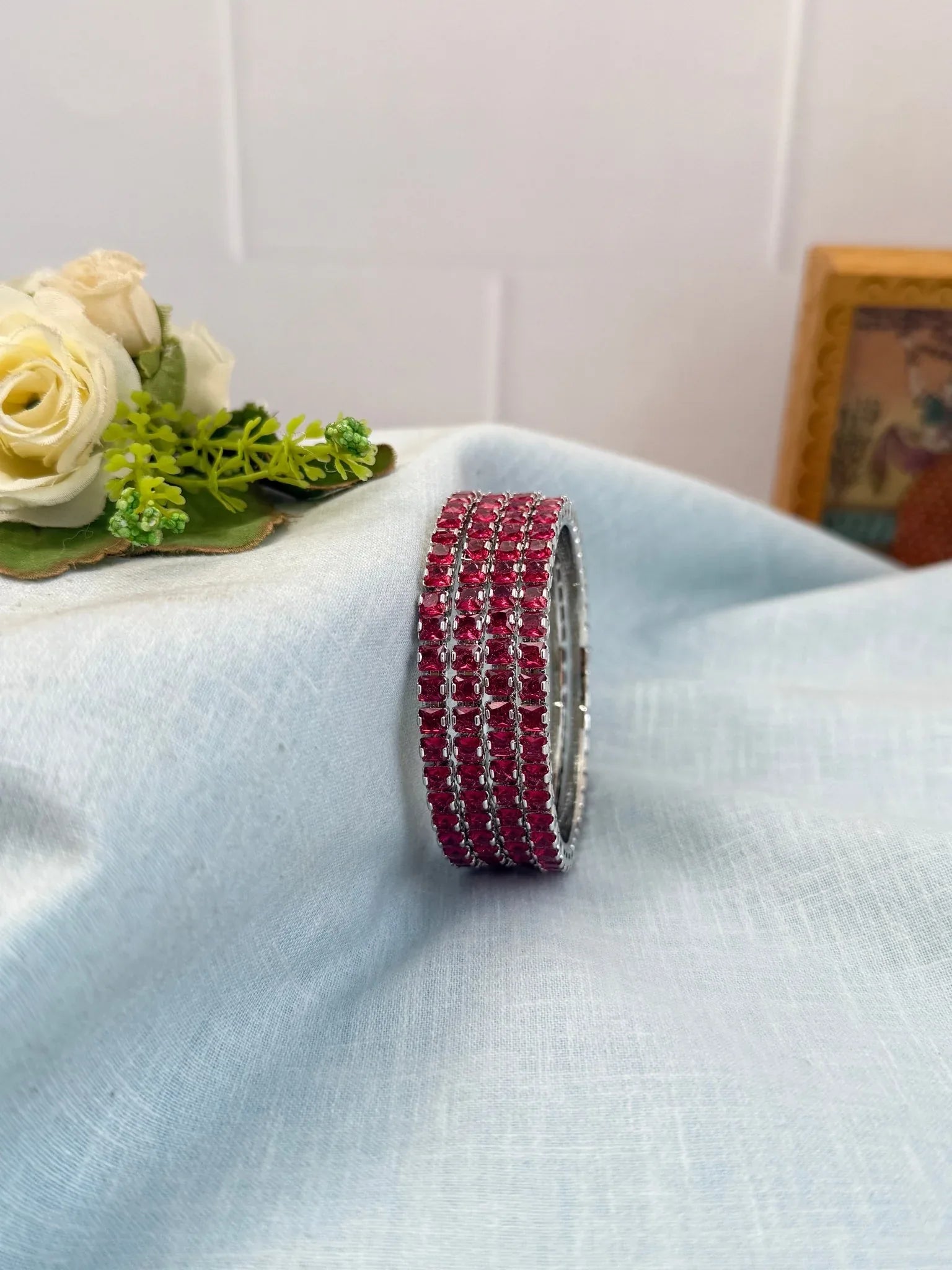 Luxurious Stone Silver Base Bangles 7052 - 8 Colors - Mahilas