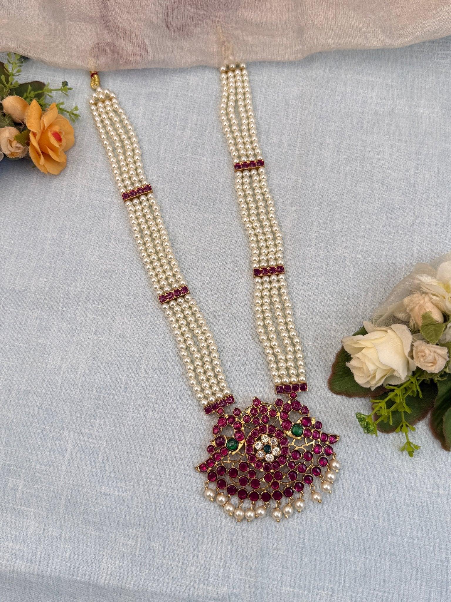 Luxurious Temple Long Brass Necklace Set 013 - Mahilas