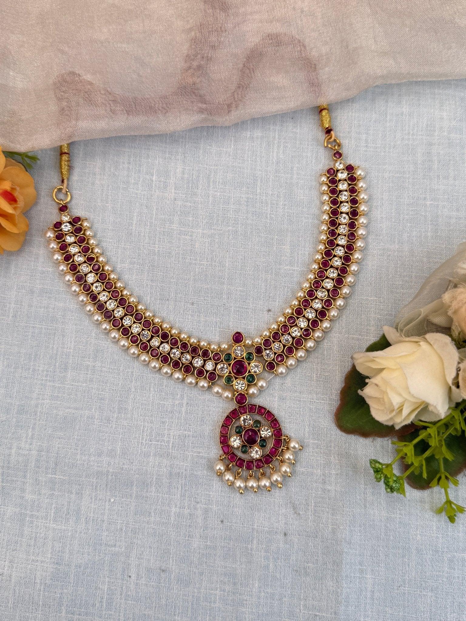 Luxurious Temple Short Brass Necklace Set 014 - Mahilas