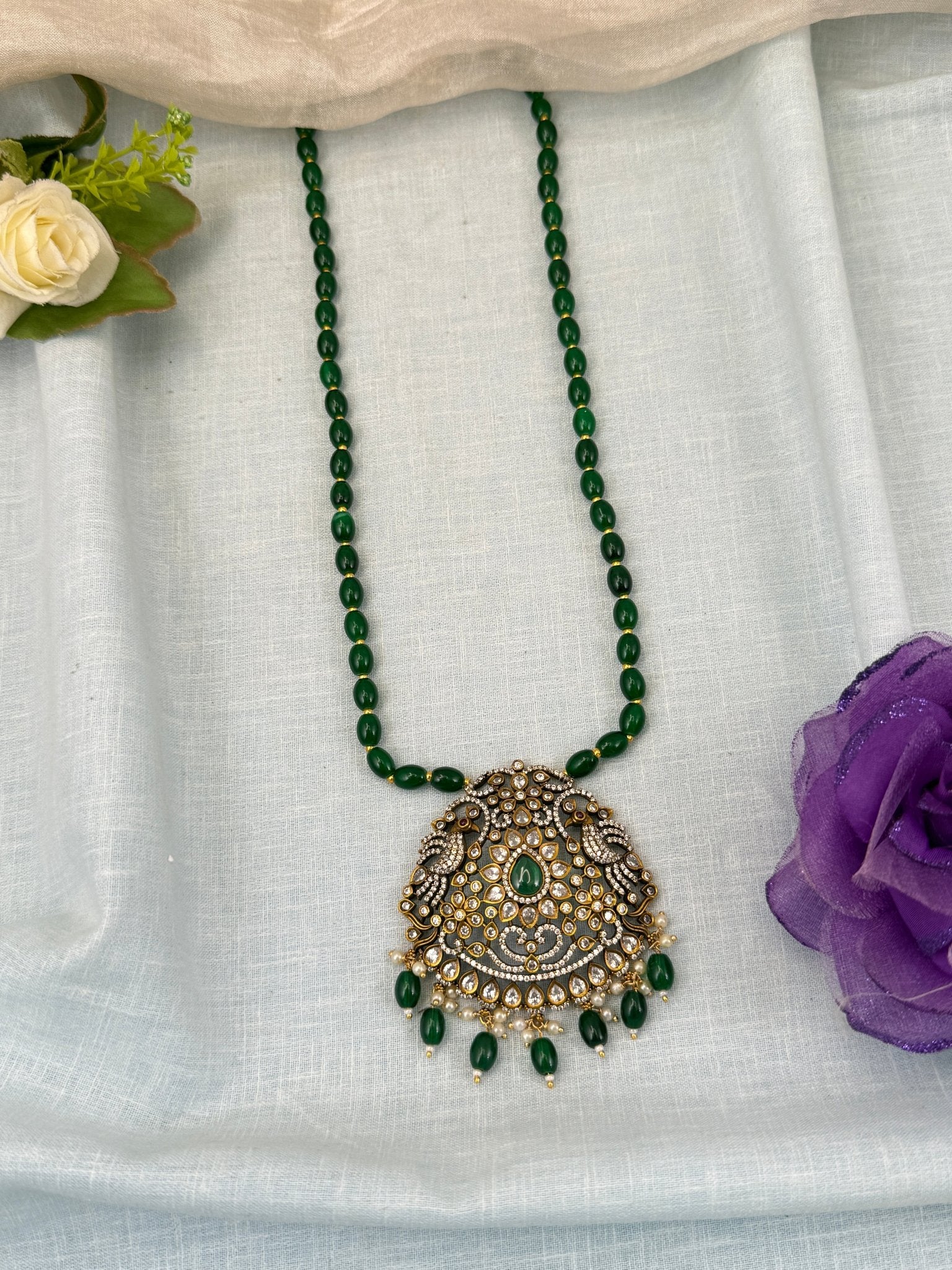 Luxurious Victorian Beads Pendant Peacock Long Necklace Set 0587 - Mahilas