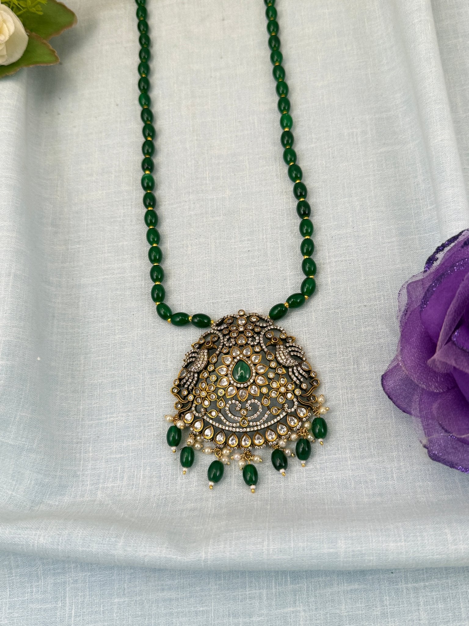 Luxurious Victorian Beads Pendant Peacock Long Necklace Set 0587 - Mahilas