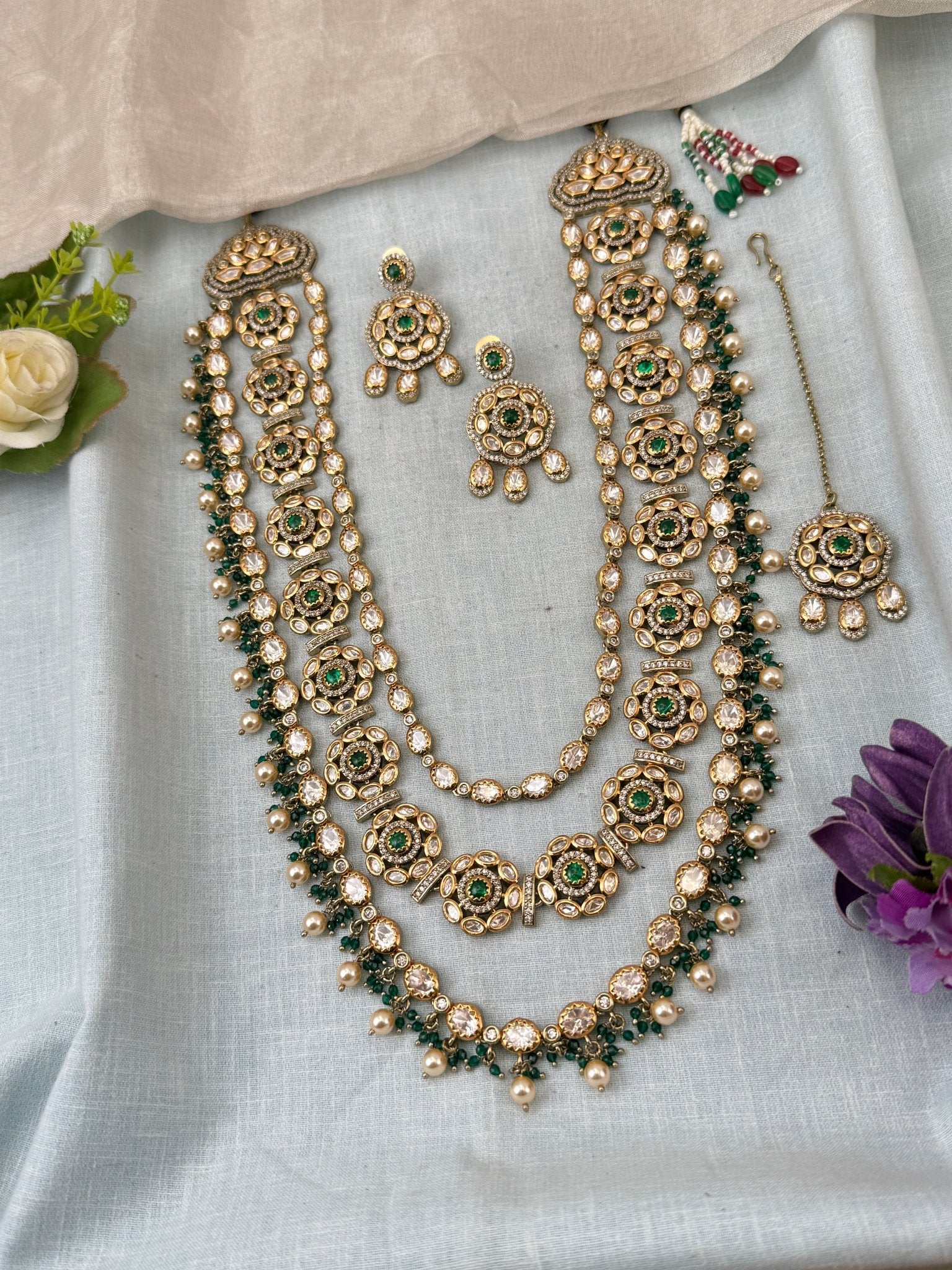 Luxurious Victorian Layered Maharani Statement Necklace Set 666 - Mahilas