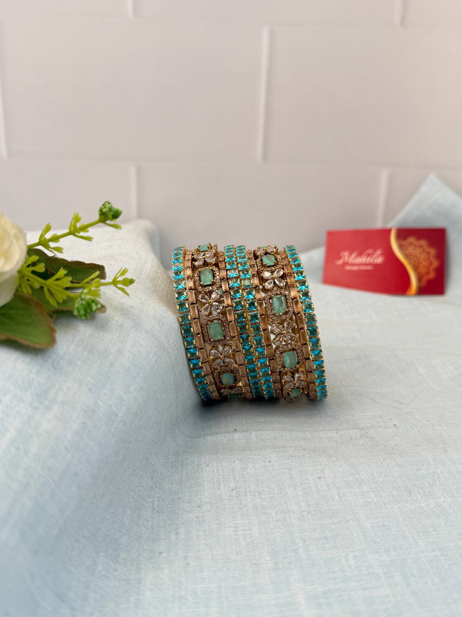 Luxurious Victorian Mint Green & Blue Bangle Set 5238 - Mahilas