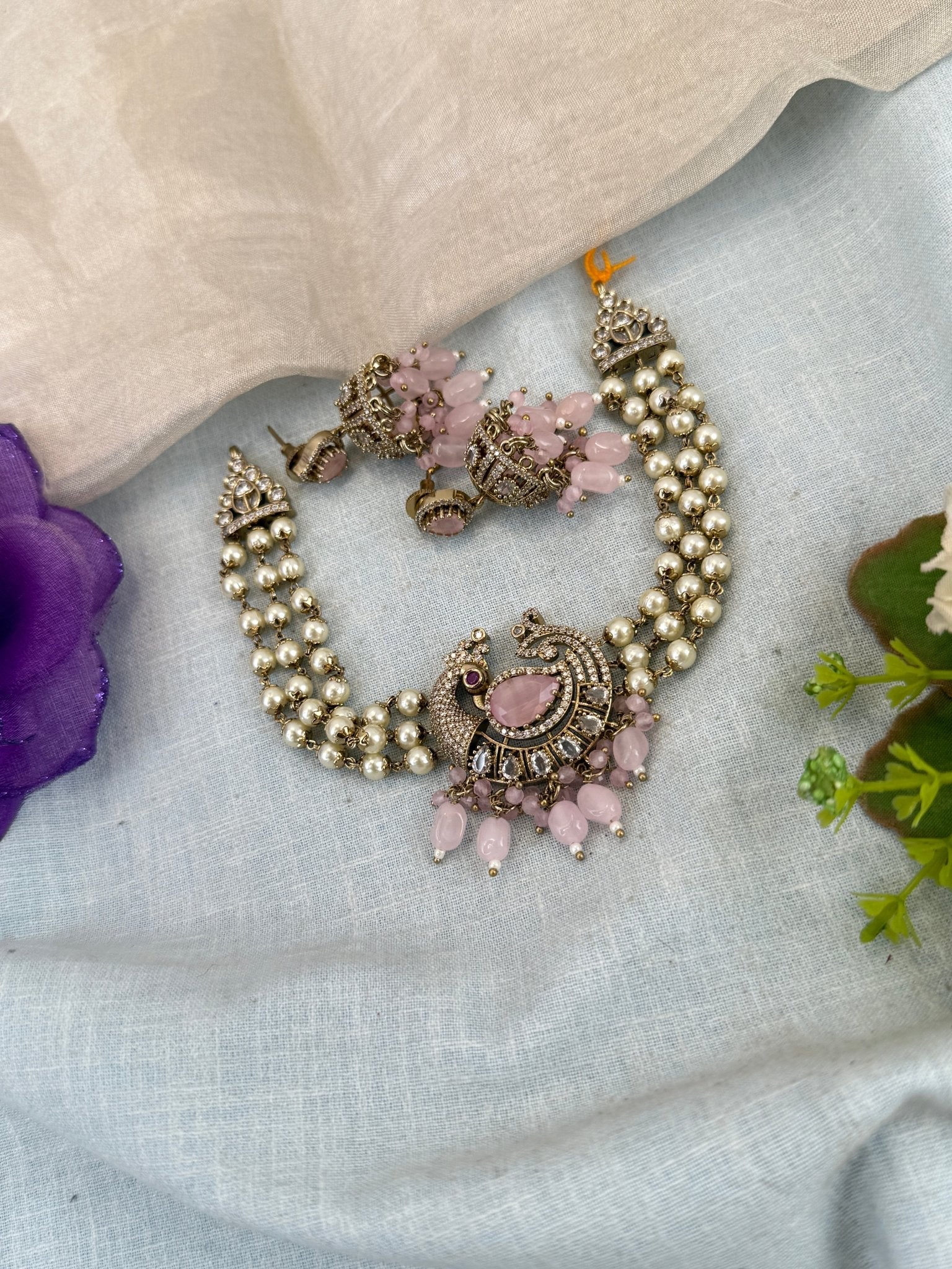 Luxurious Victorian Pendant Pearl Choker Necklace Set 671 - Mahilas