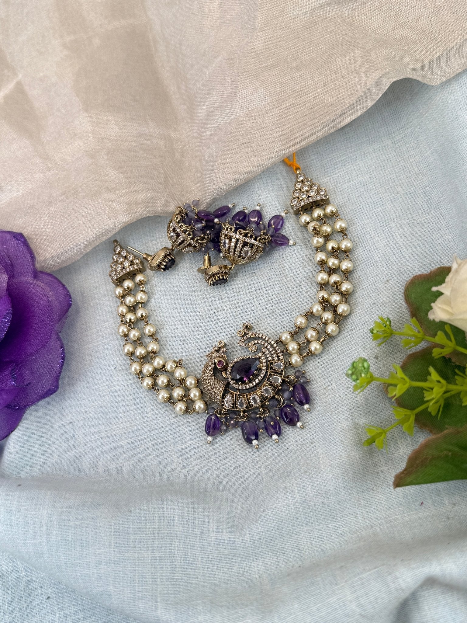 Luxurious Victorian Pendant Pearl Choker Necklace Set 672 - Mahilas