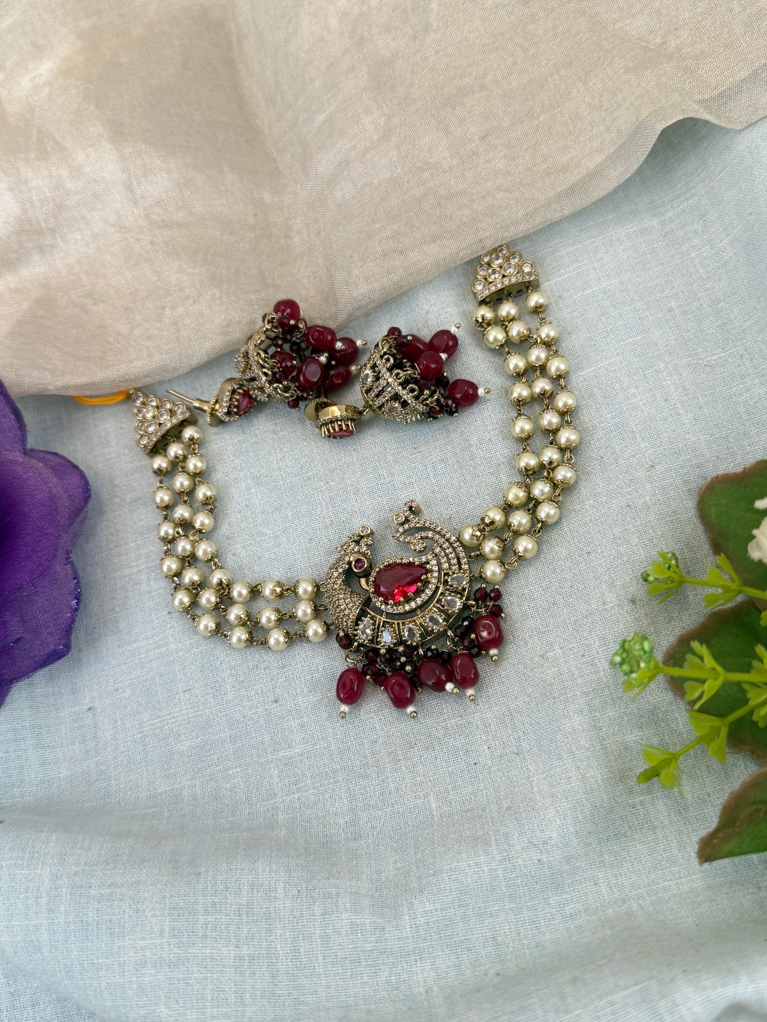 Luxurious Victorian Pendant Pearl Choker Necklace Set 673 - Mahilas