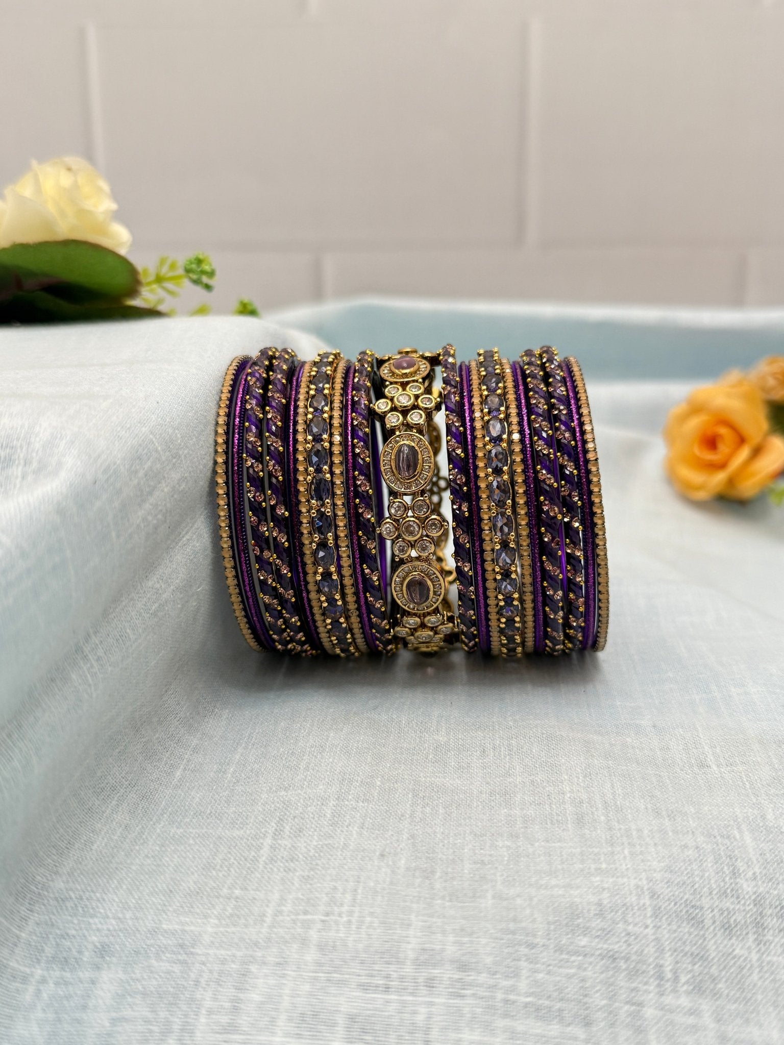 Luxurious Victorian Purple & Gold Glass & Stone Bangle Set - 5173 - Mahilas