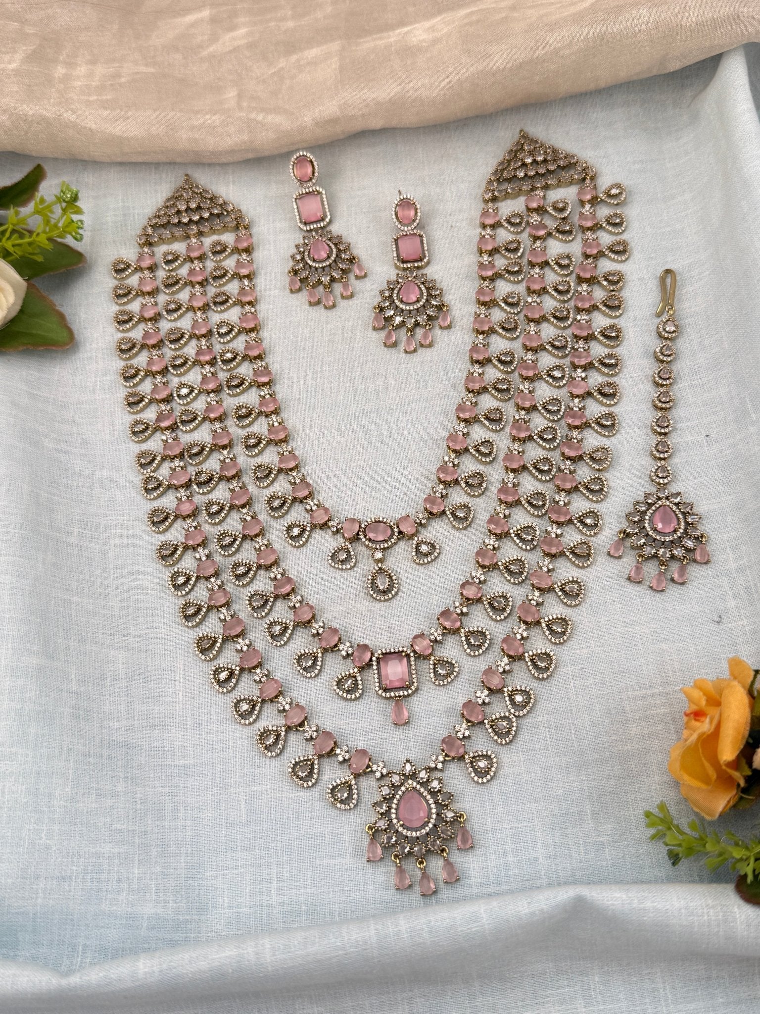 Luxurious Victorian Stone Layered Long Necklace Set 656 - Mahilas