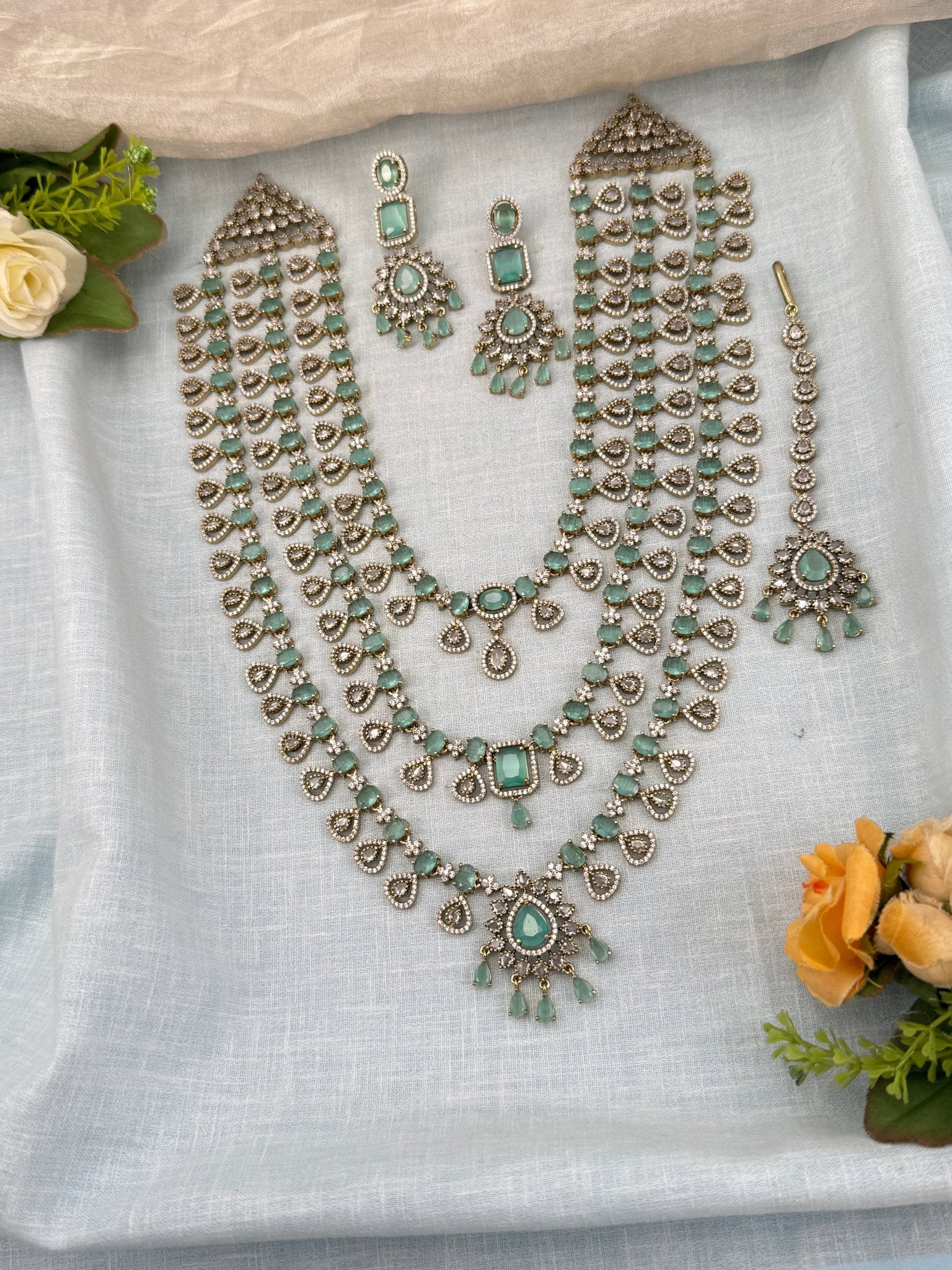 Luxurious Victorian Stone Layered Long Necklace Set 657 - Mahilas